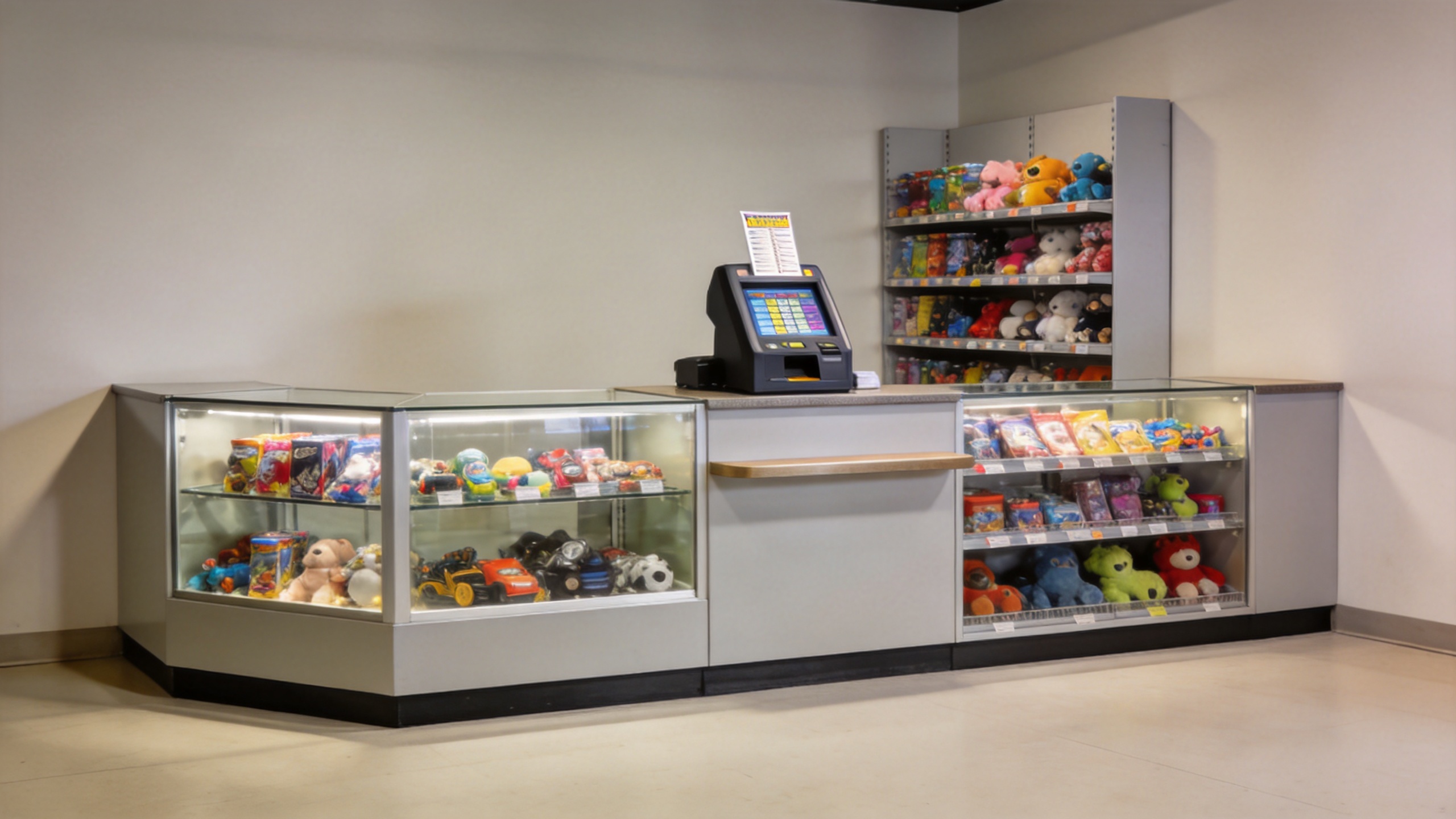 Arcade redemption prize counter with display cases and ticket redemption kiosk terminal inside a family entertainment center