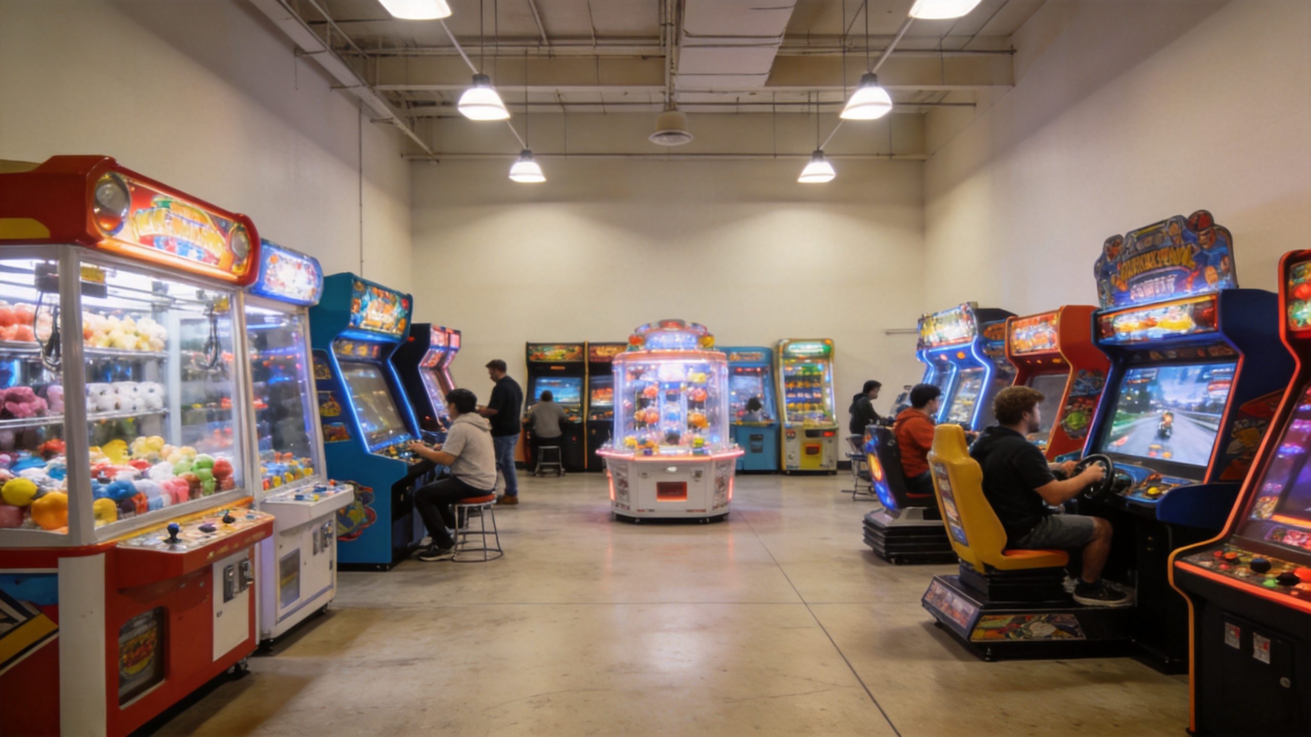 Family entertainment center arcade equipment floor with diverse game cabinets and redemption machines