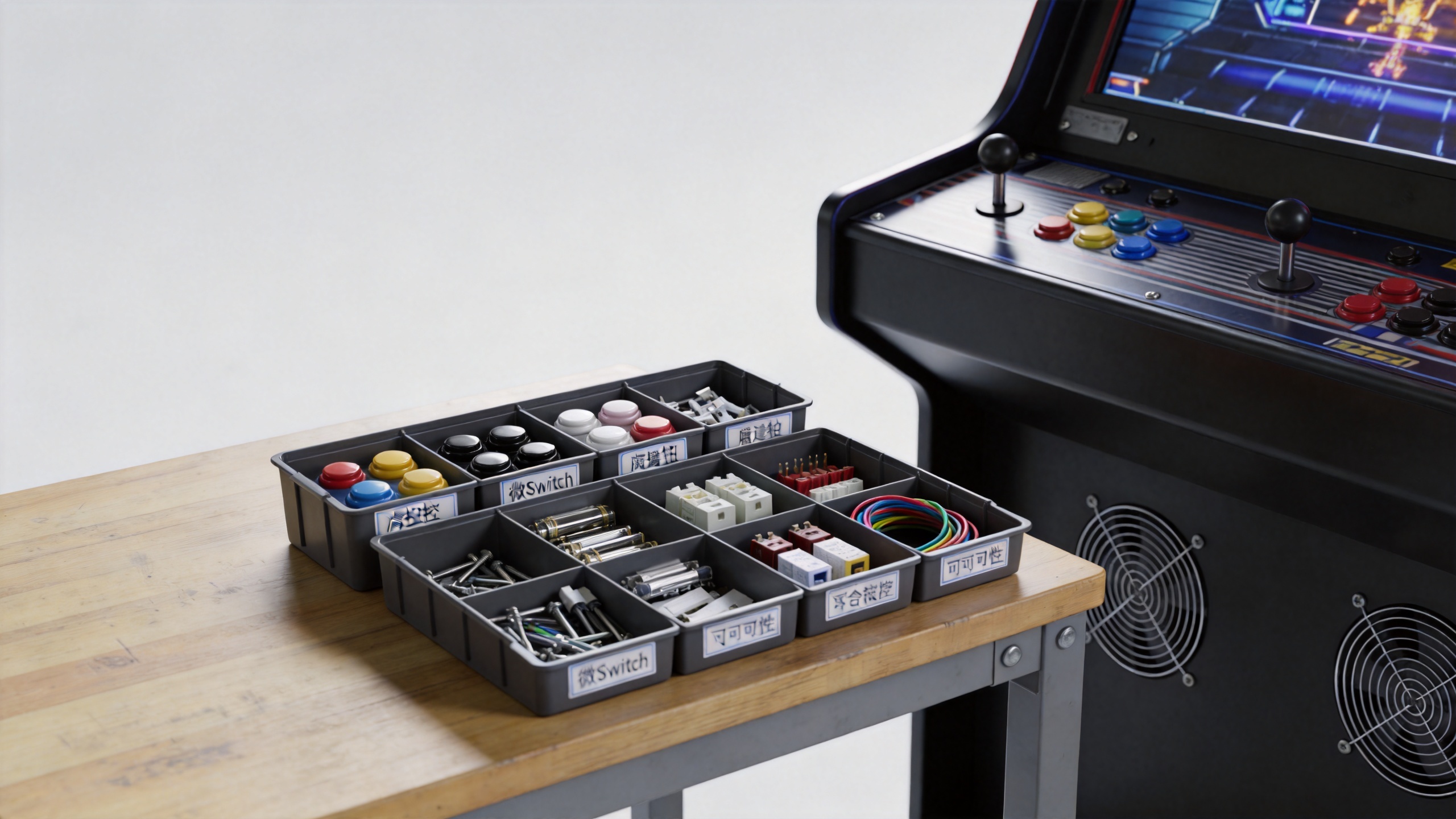 Organized spare parts for maintaining amusement machines