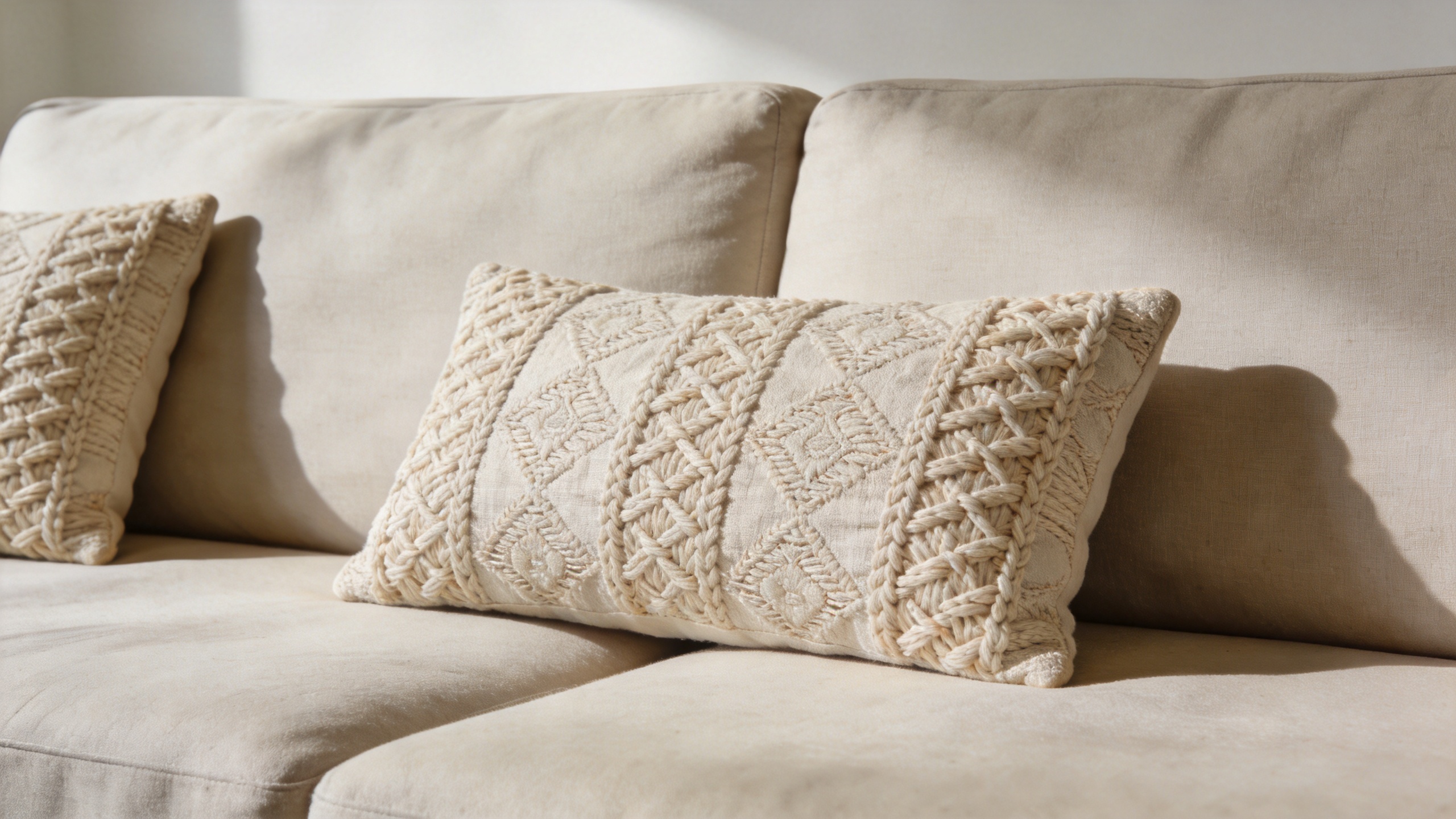 Decorative cushion cover styling on a neutral sofa
