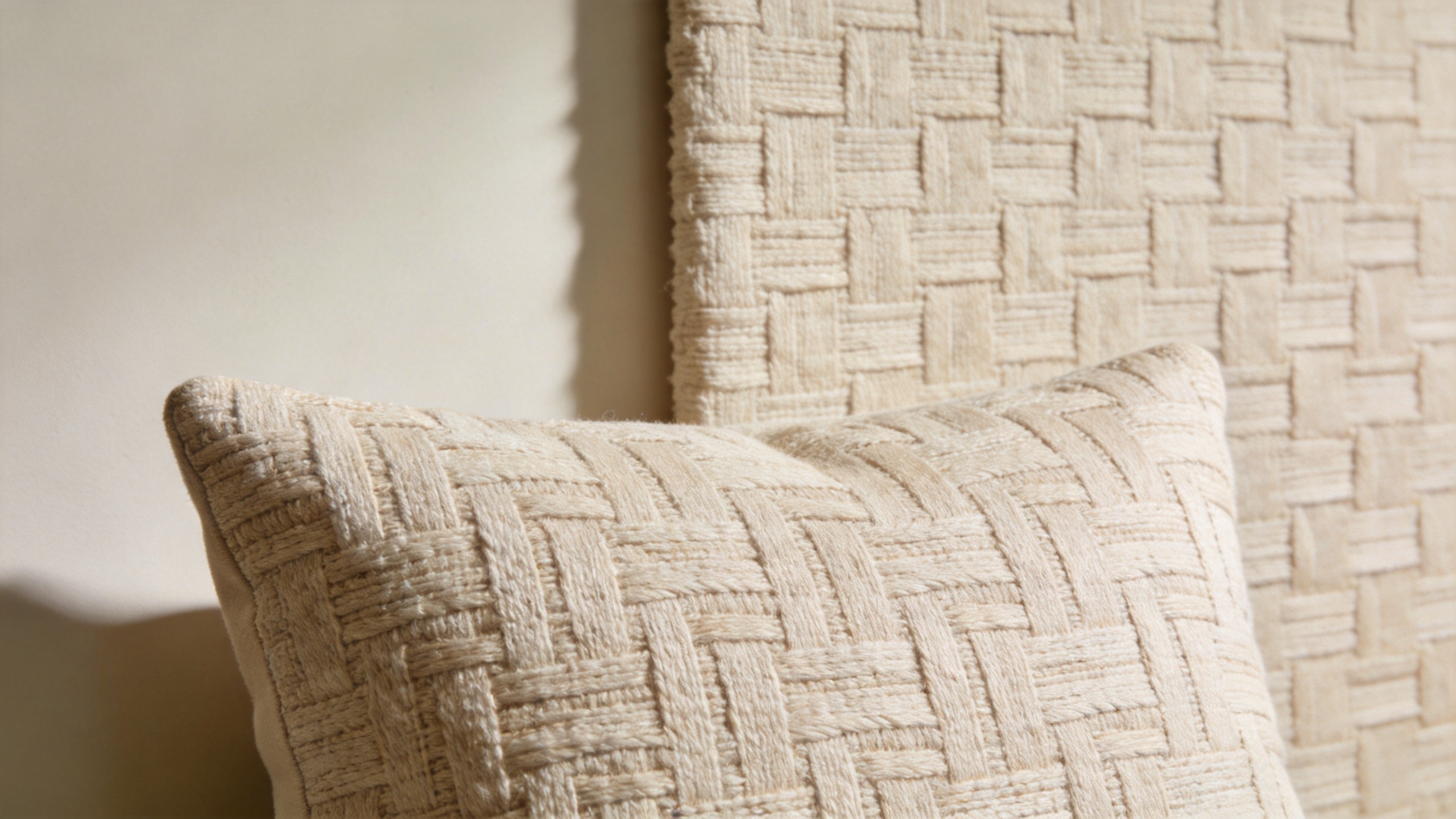 Jacquard fabric cushion and woven wall textile in an interior design setting