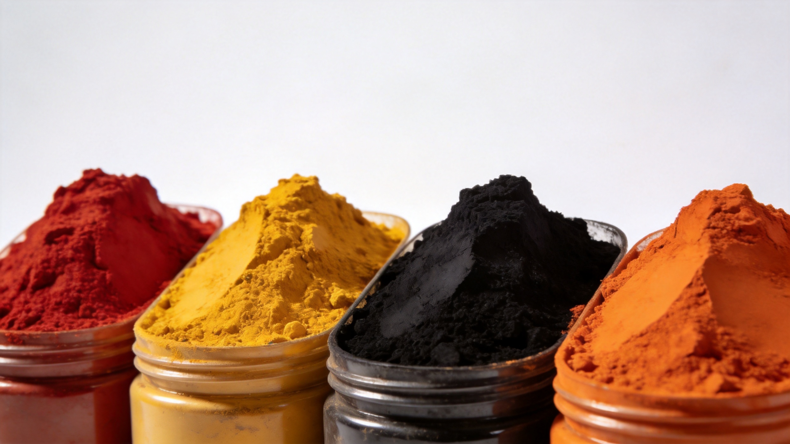 Iron oxide pigment powder samples in red yellow black showing batch-to-batch color consistency for paint applications