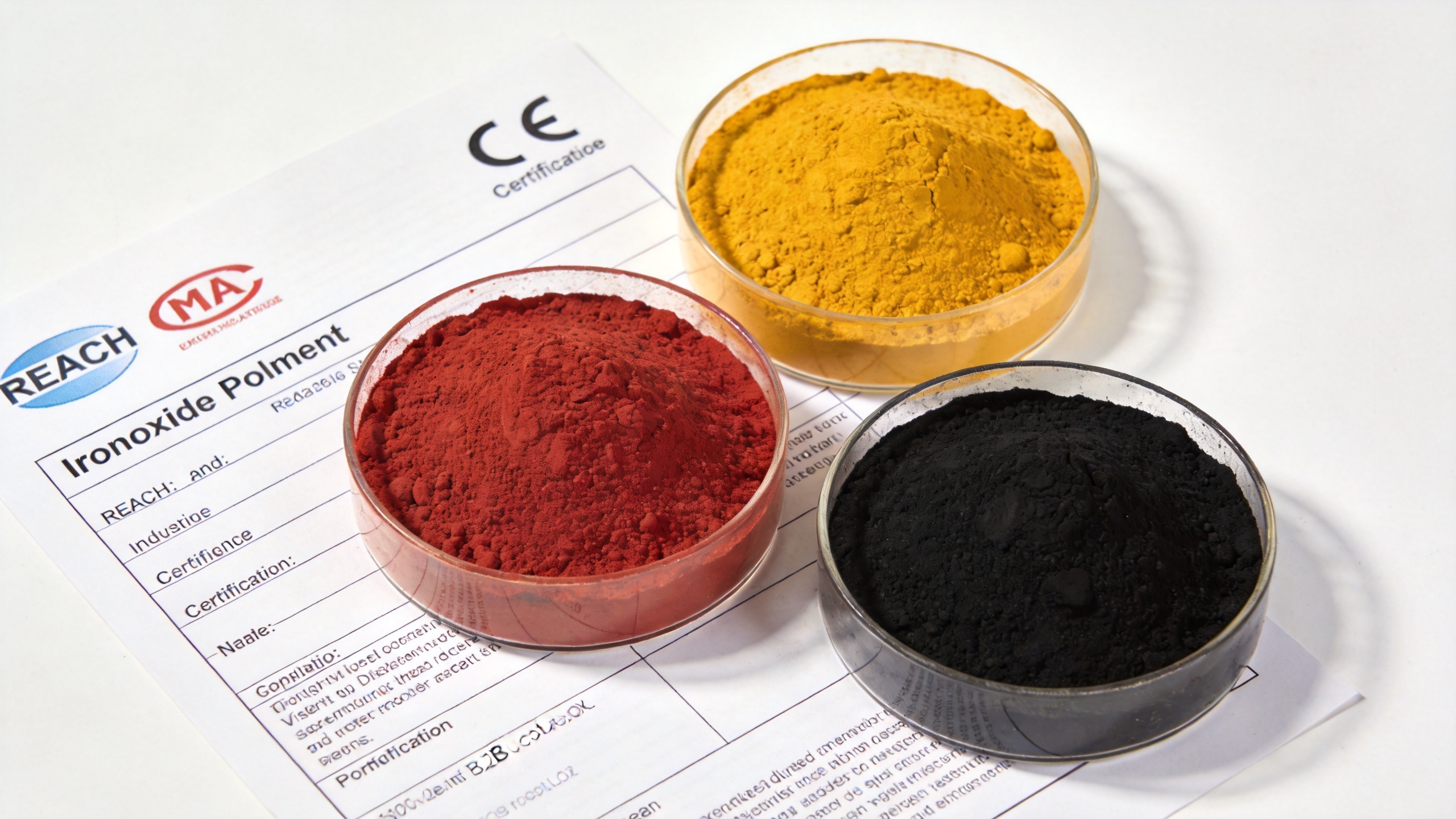 Iron oxide pigment samples in red, yellow and black for pottery and plastic compliance applications