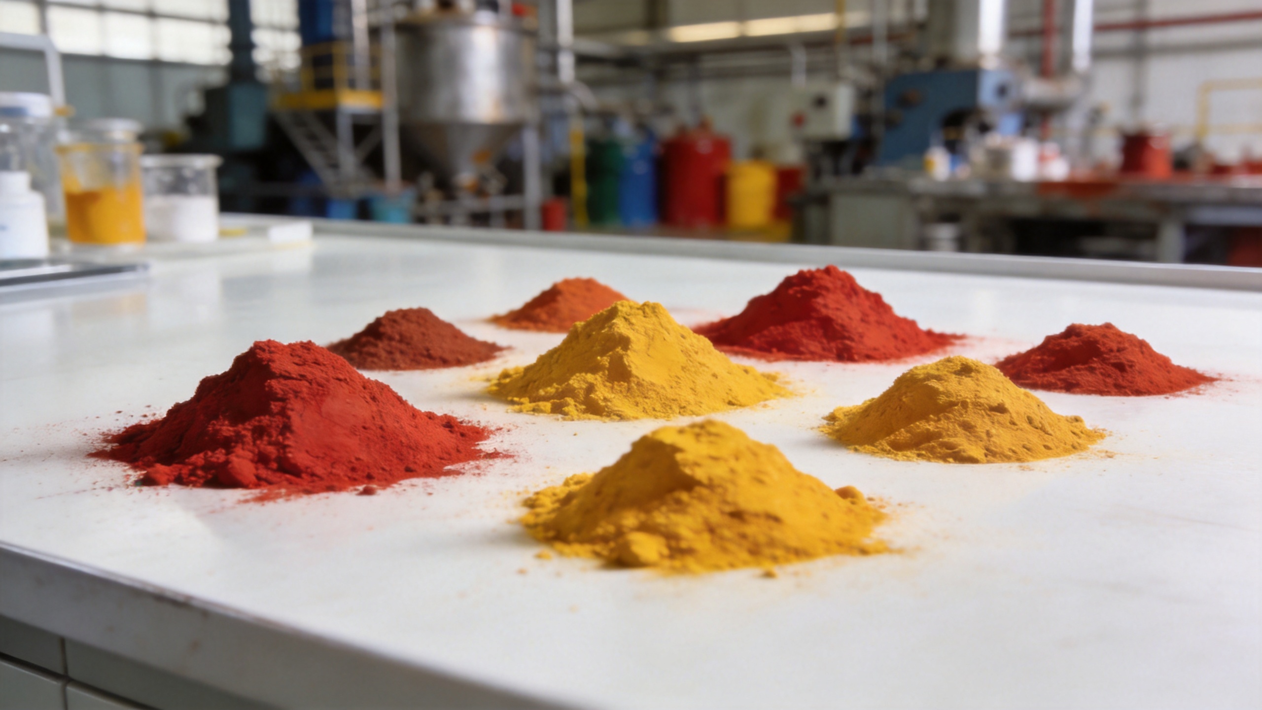 Industrial iron oxide pigment powder samples in red and yellow tones used for paint manufacturing
