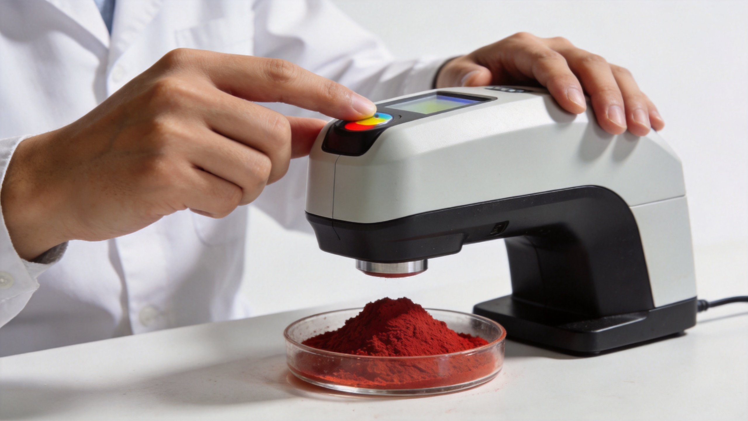 Quality control technician measuring iron oxide pigment color with spectrophotometer in manufacturing laboratory