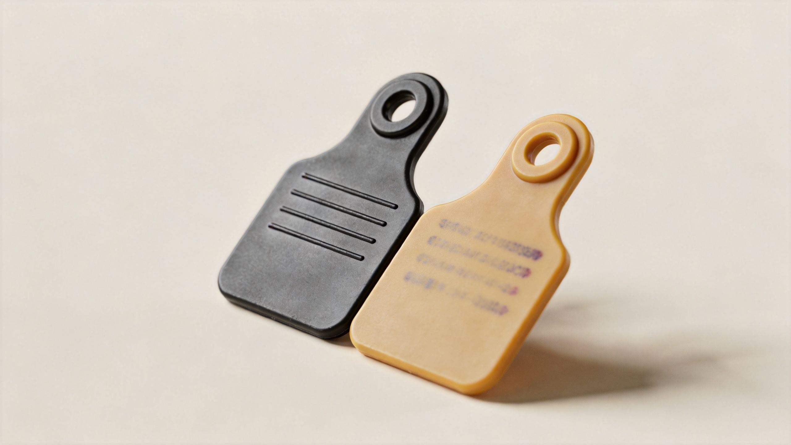 Close-up comparison of laser engraving versus ink printing on polyurethane cattle ear tags showing durability difference