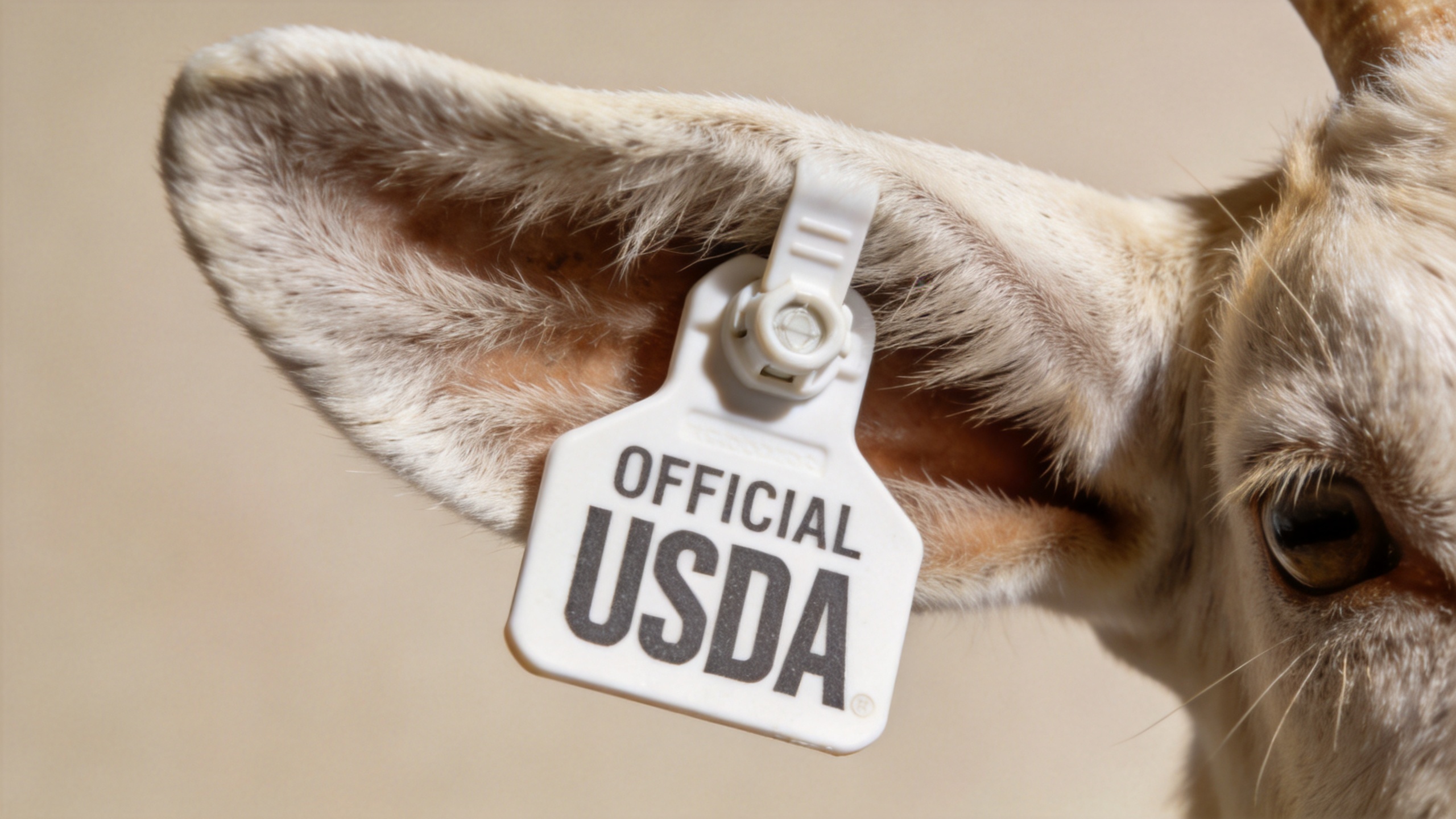 Official USDA-style scrapie ear tag on a goat ear showing tamper-resistant design for official identification