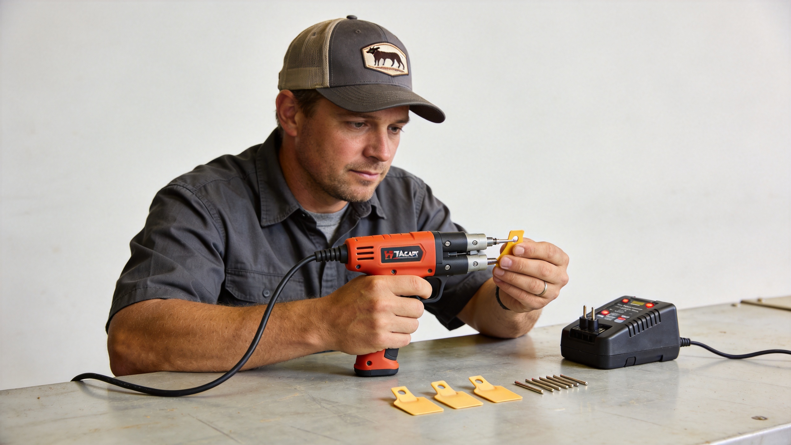 Rechargeable ear tag applicator with charging and replacement parts