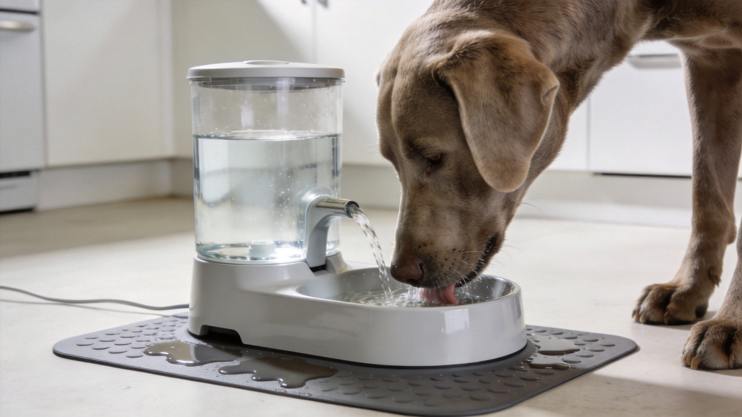 Large dog drinking from a water fountain in a practical home placement