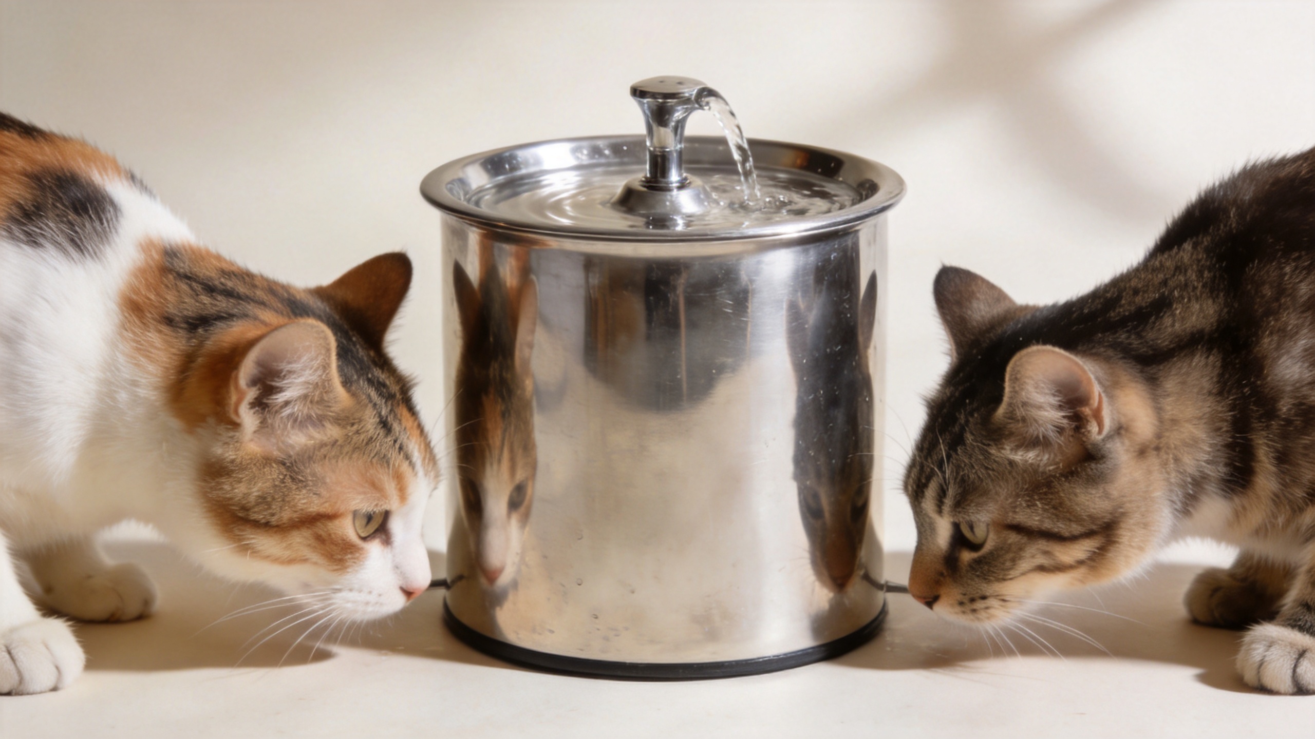 Cat drinking fountain in a calm multi-cat household
