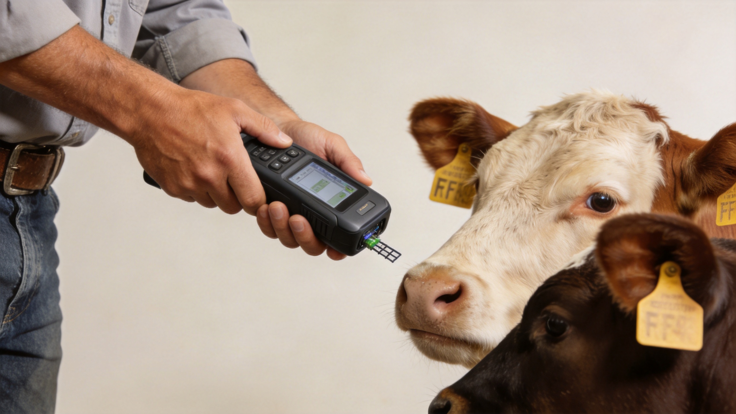 Handheld RFID reader used in a livestock handling workflow