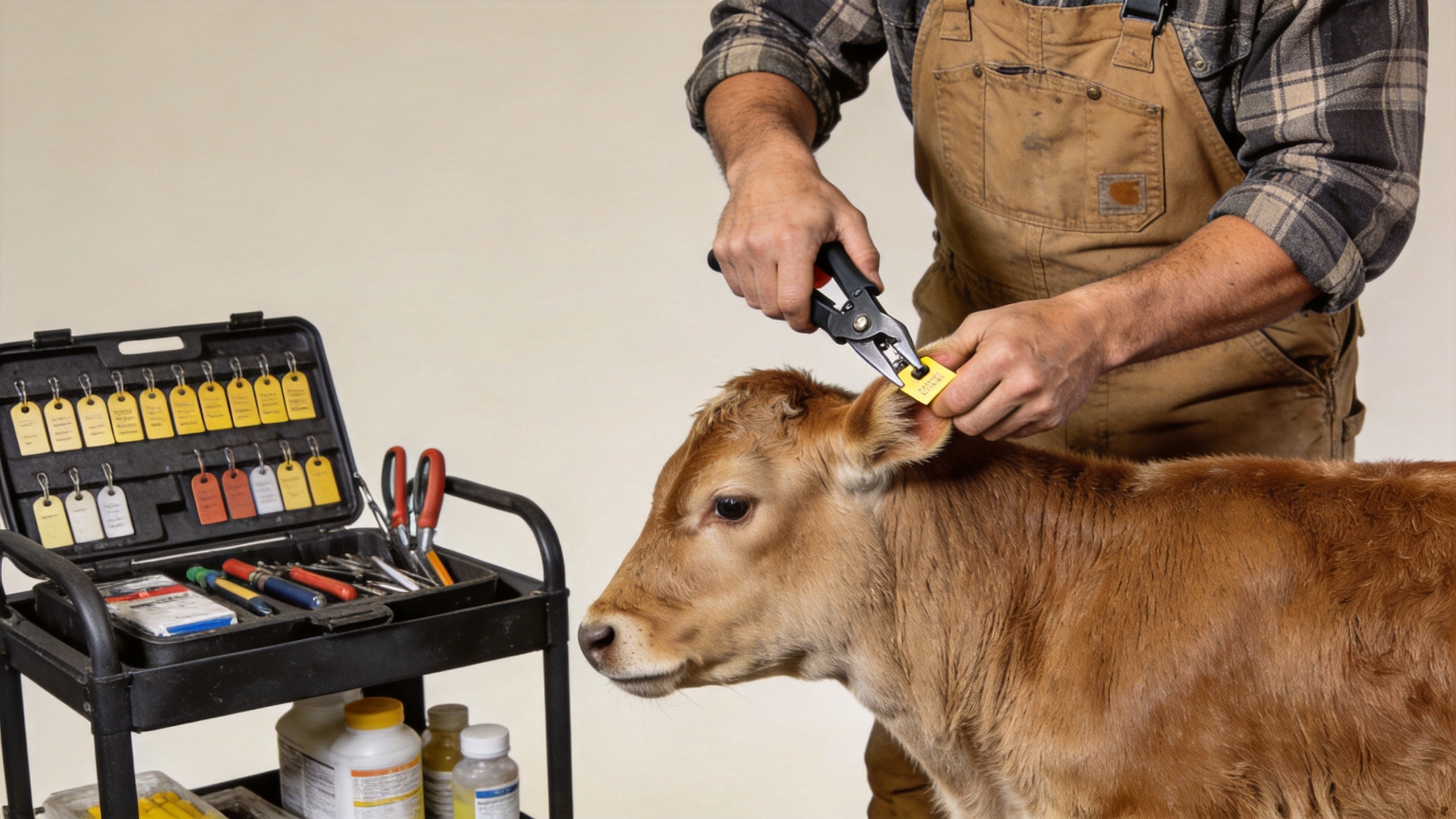 Livestock ear tag applicator workflow at a cattle tagging station