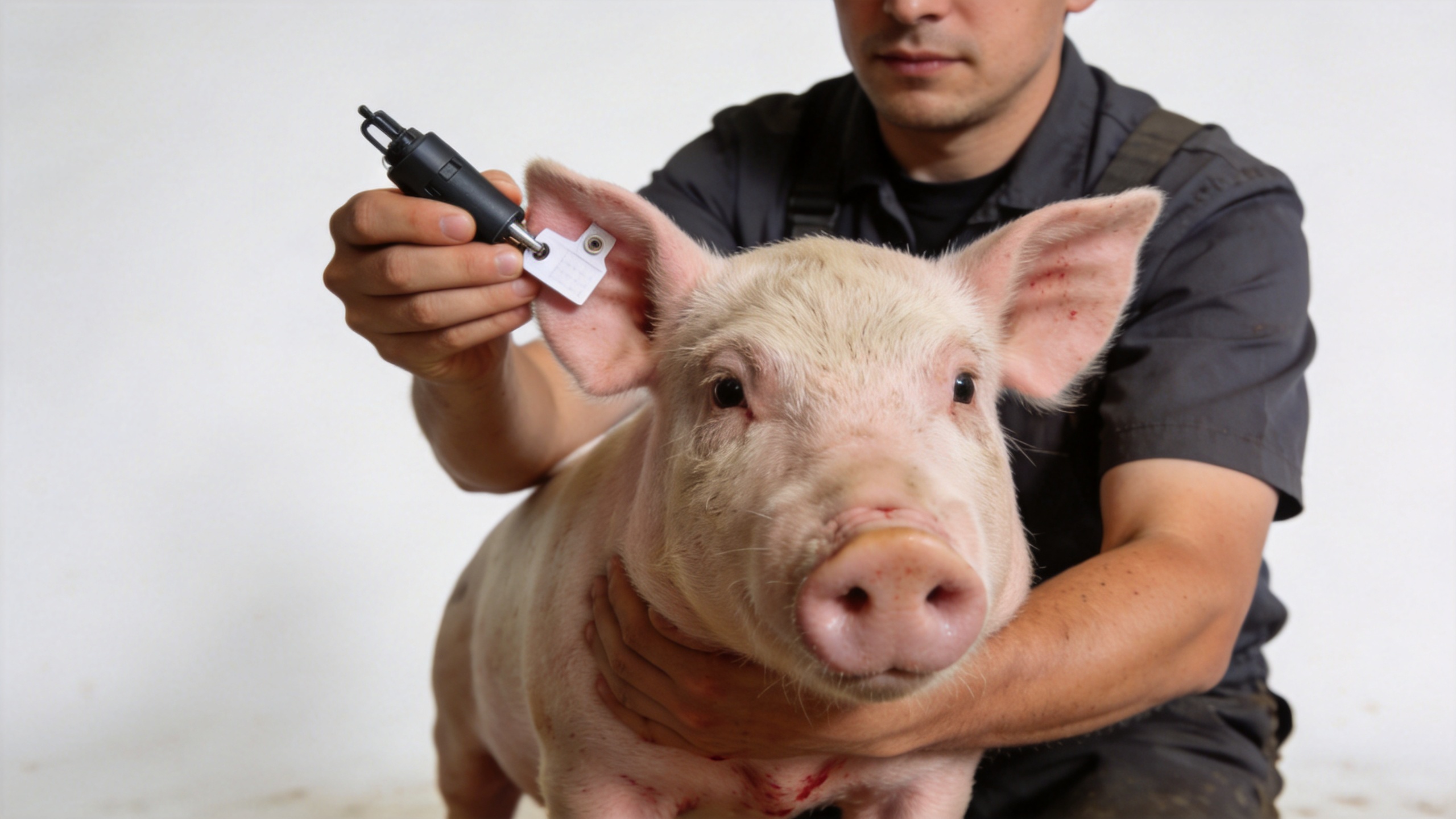 Safe piglet ear tag placement with clean livestock tagging equipment