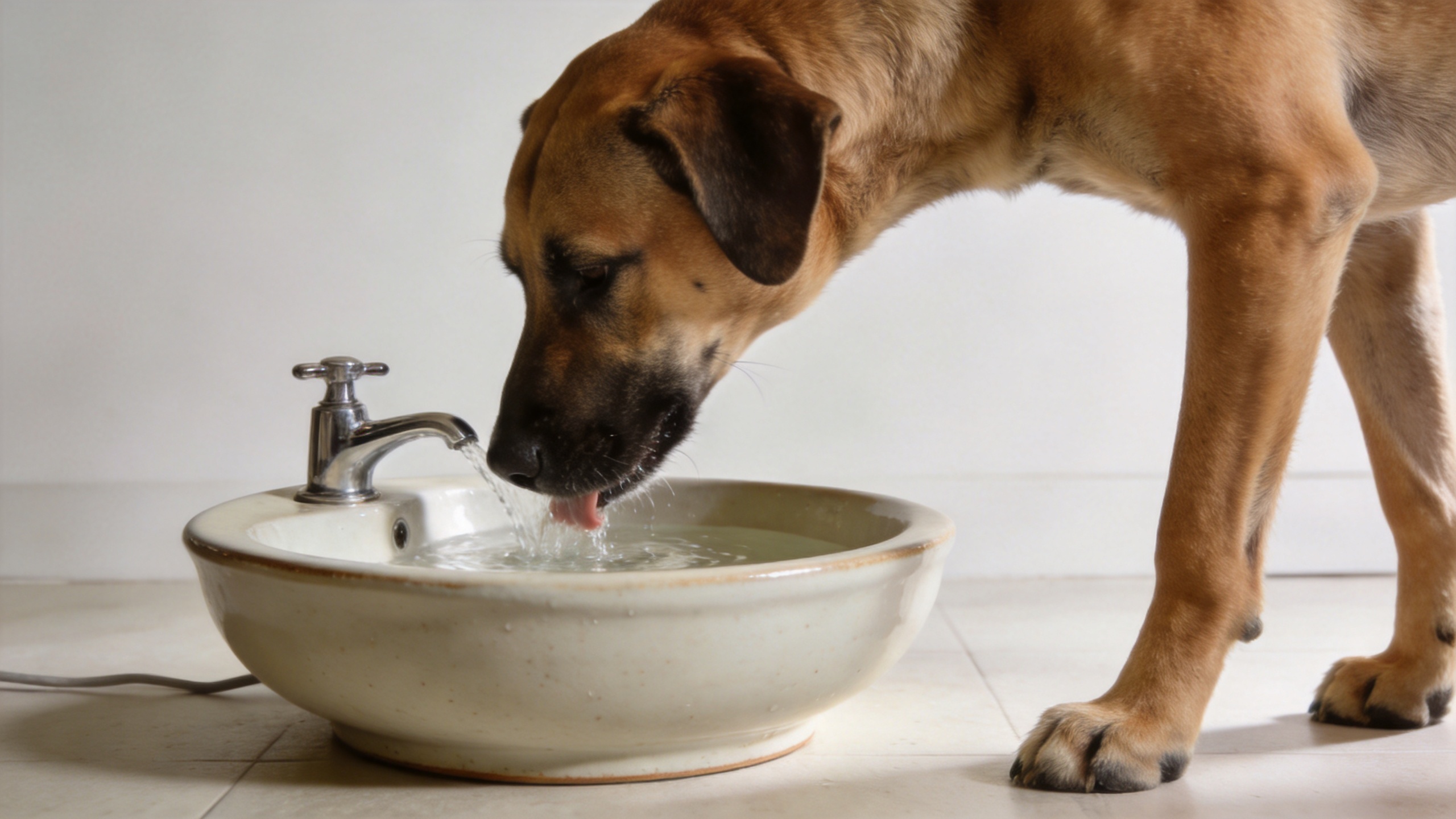 Large dog drinking from a ceramic dog water fountain