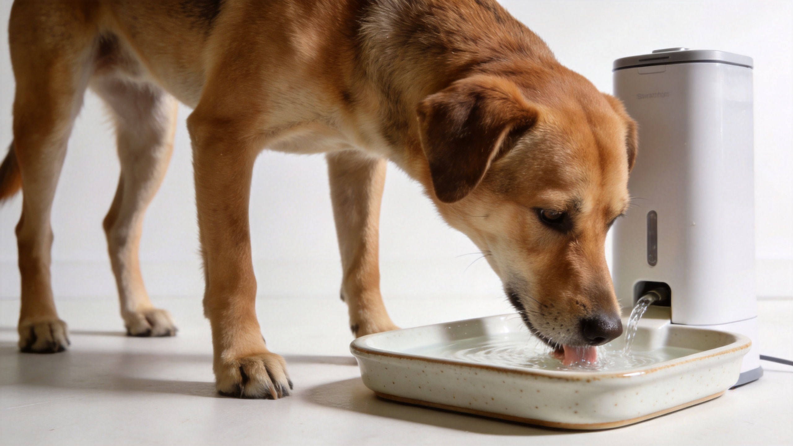 Smart dog water fountain in a clean home drinking area