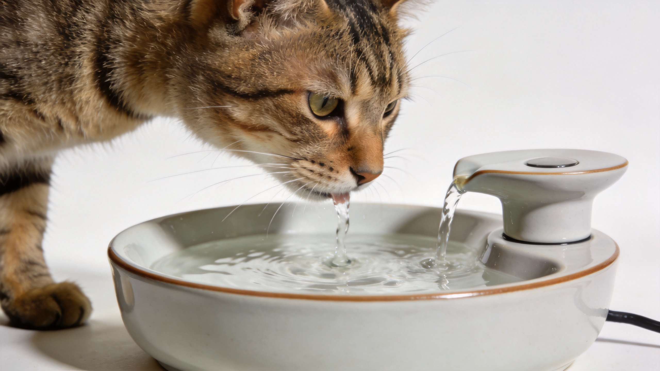 Cat using a smart cat water fountain in a calm home setting