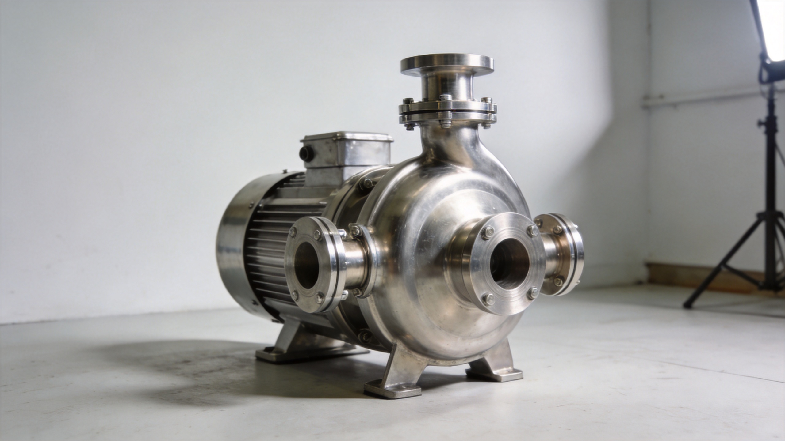 Stainless steel centrifugal pump in a clean industrial transfer setting