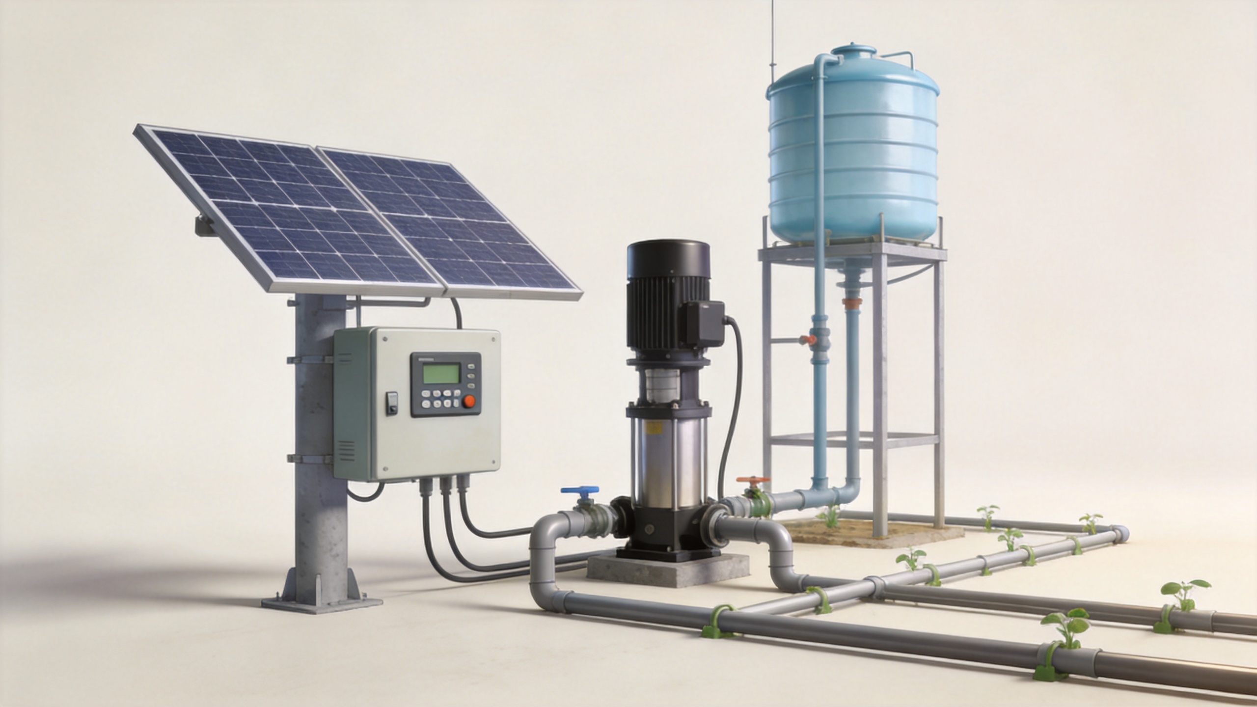 Solar panels for well pump system with PV array, controller, deep well pump, water tank and irrigation layout