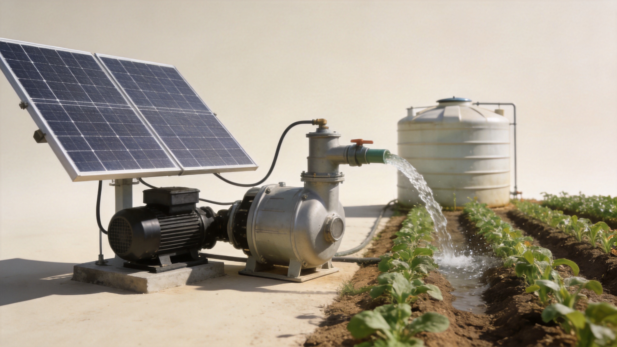 Solar water pump for agriculture supporting irrigation near crop rows