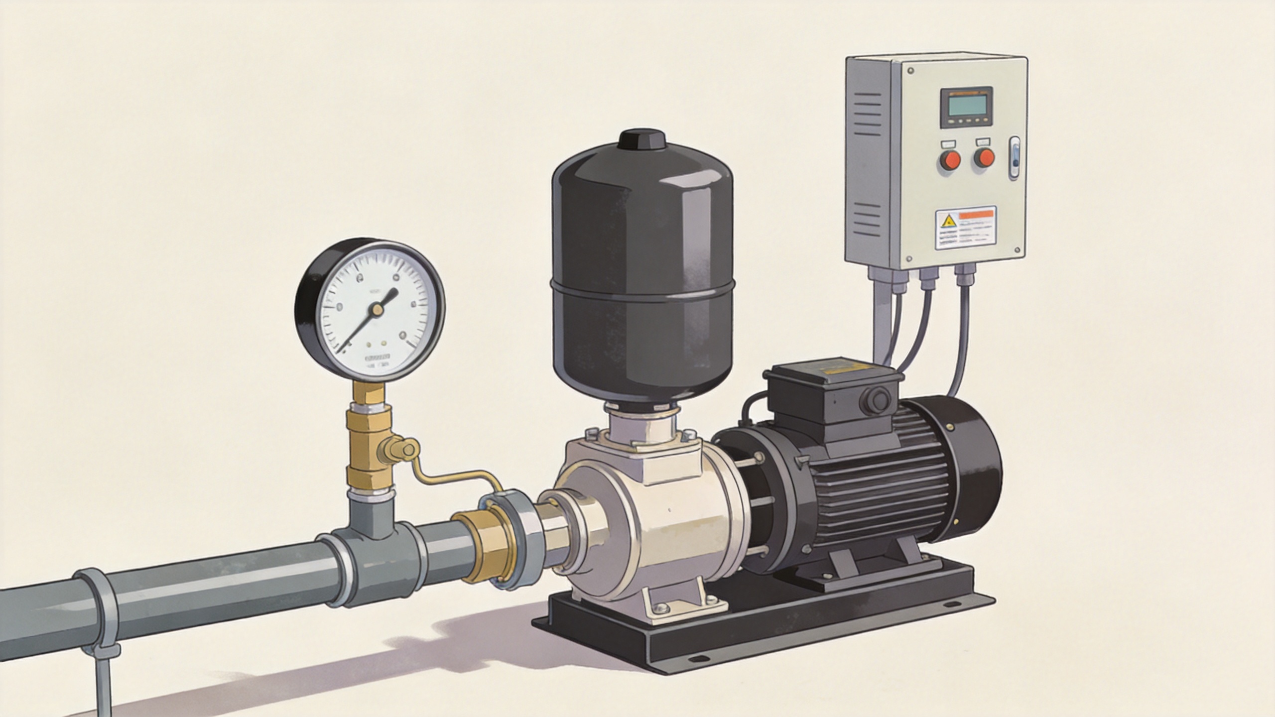 Water booster pump installation with pressure gauge and control panel