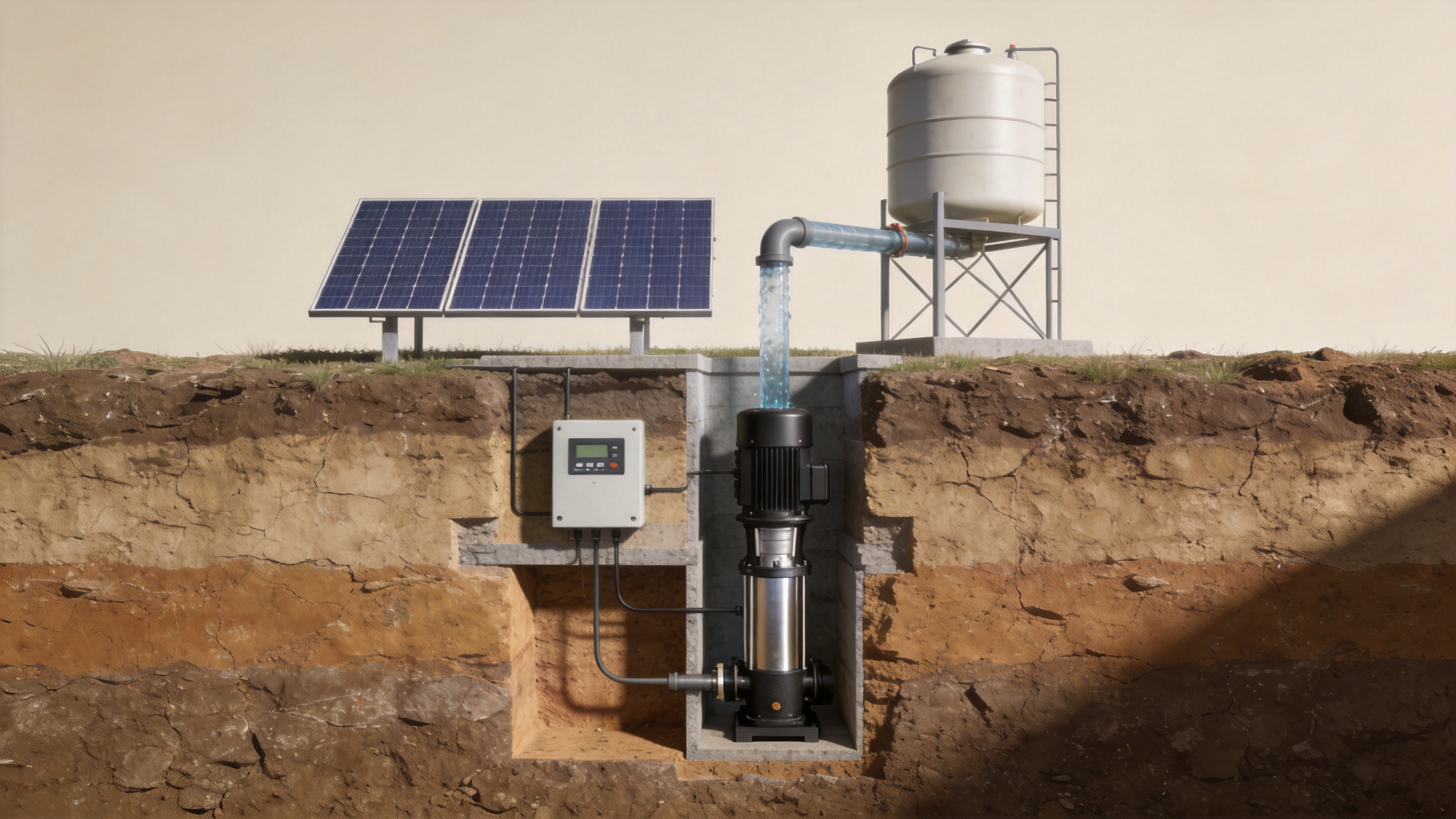 Solar powered borehole system with a submersible pump, photovoltaic panels and storage tank