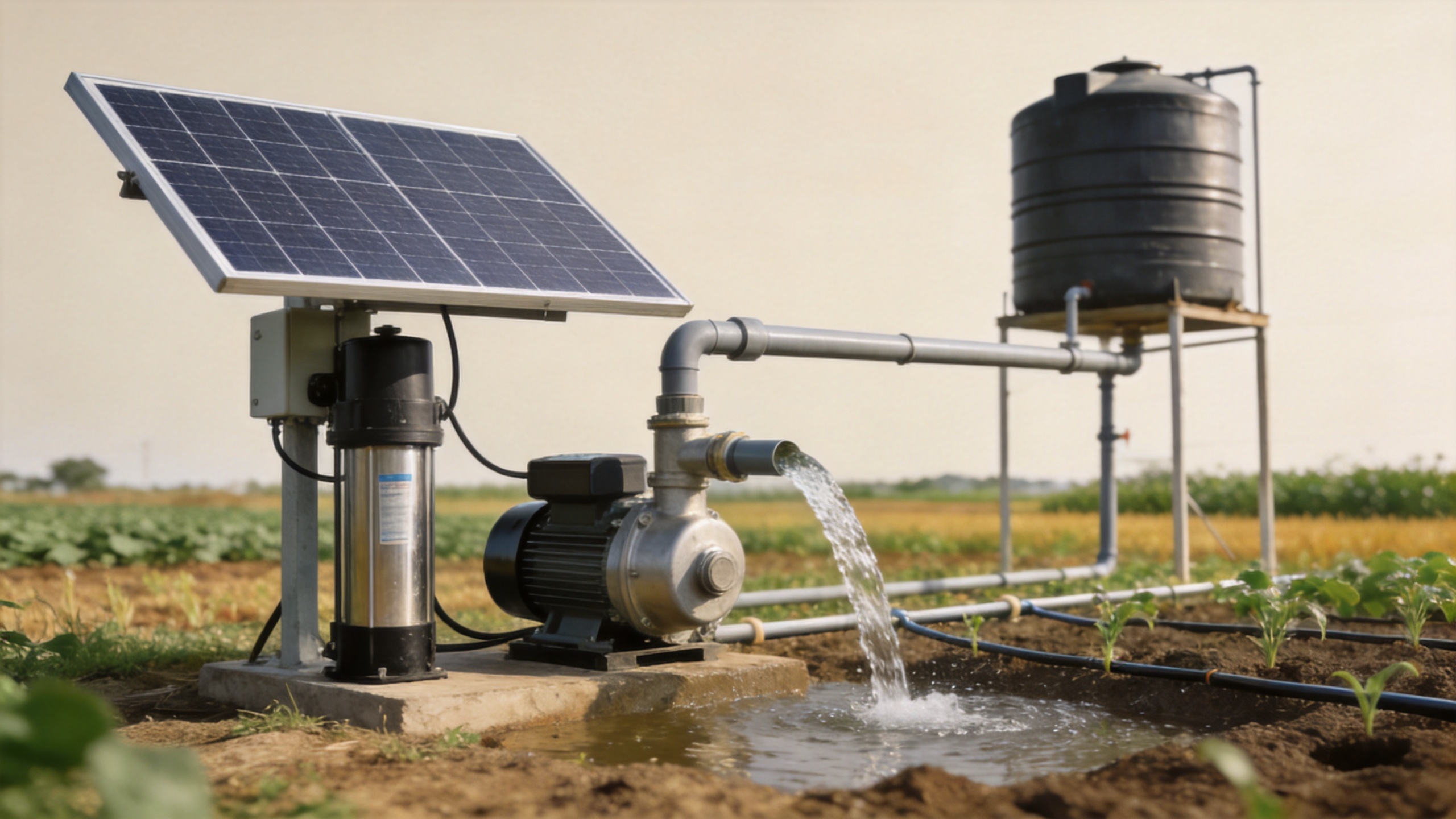 Solar powered water pump system with PV panels, deep well and storage tank