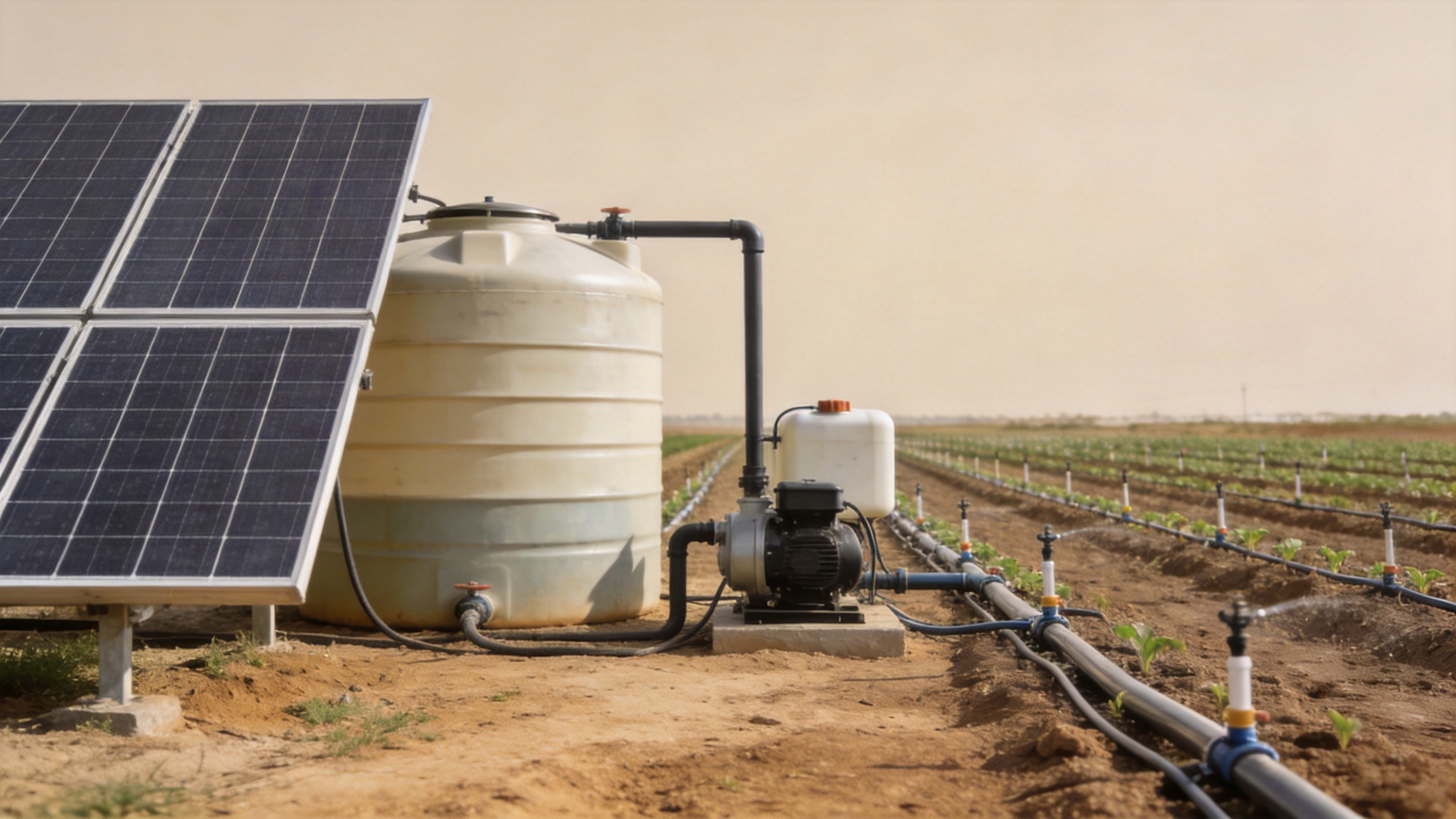 Solar irrigation system with solar panels, water tank, pump, and drip lines