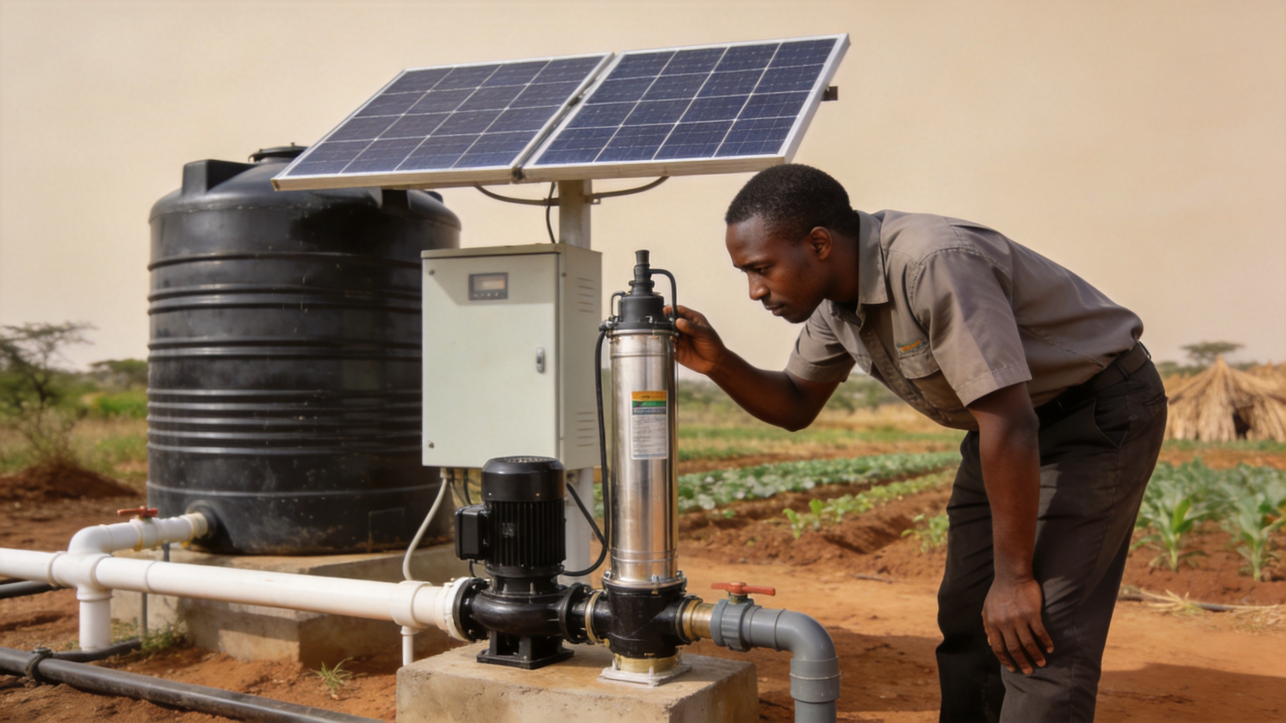 Off-grid solar water pump maintenance on a farm