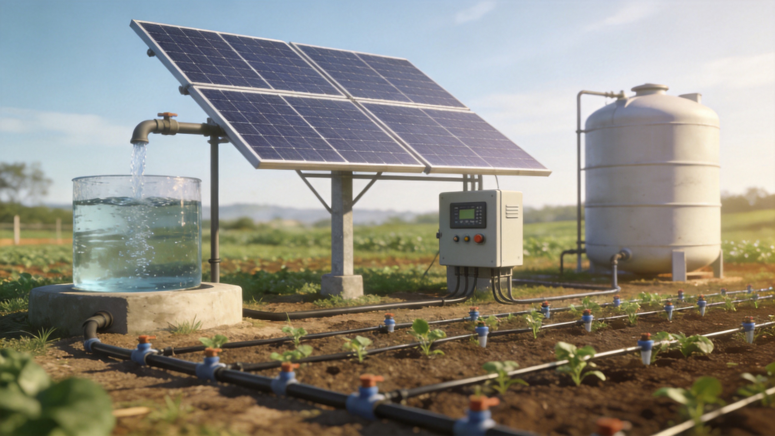 Solar pump irrigation system layout with solar panels, controller, storage tank, and drip irrigation