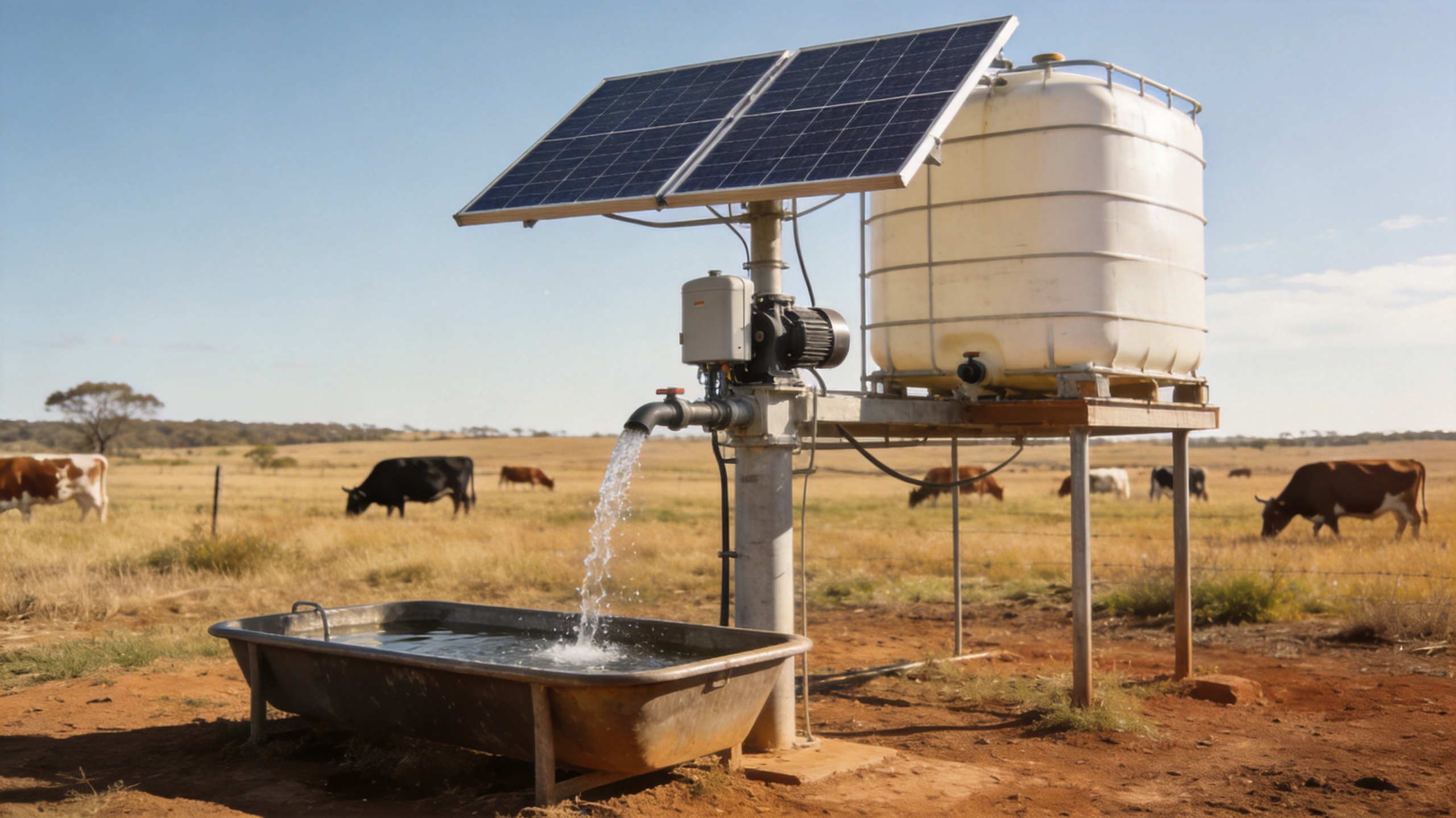 Solar livestock watering system with solar panels, storage tank, and livestock trough