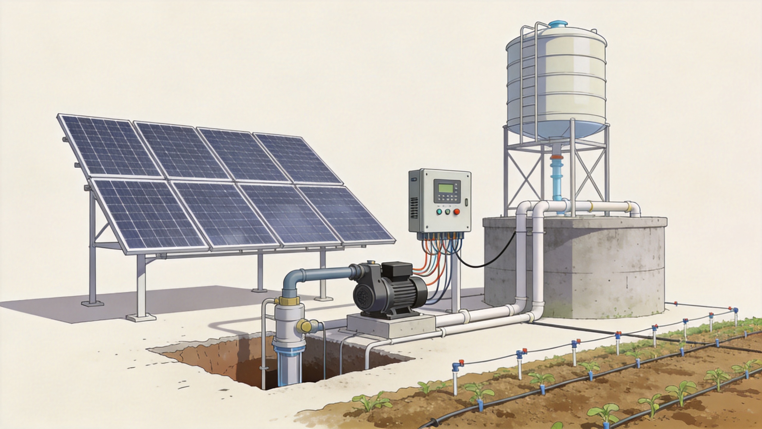 Solar water pump system for agriculture with PV array, controller, storage, and irrigation distribution