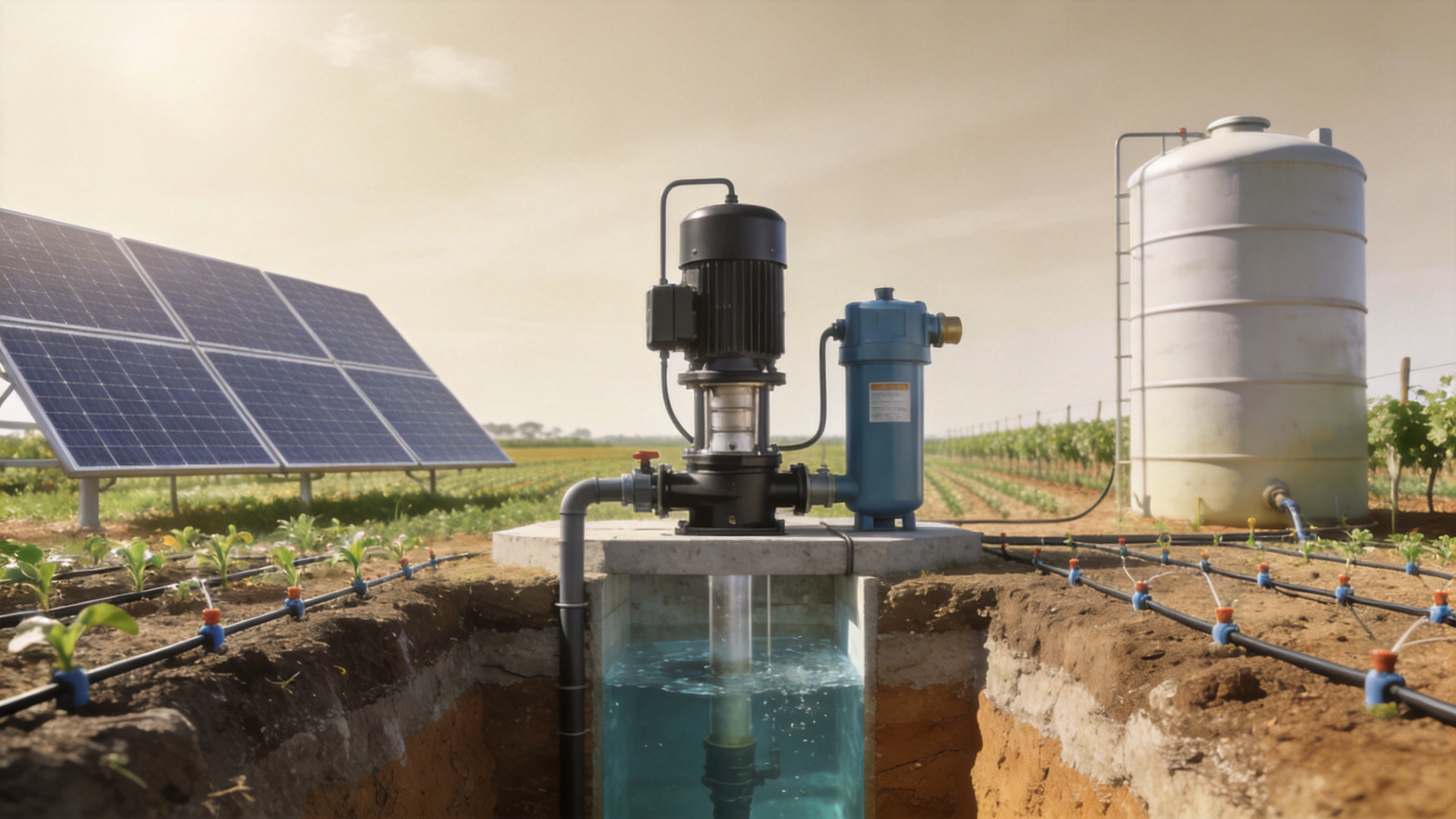 Solar submersible water pump system for agricultural irrigation