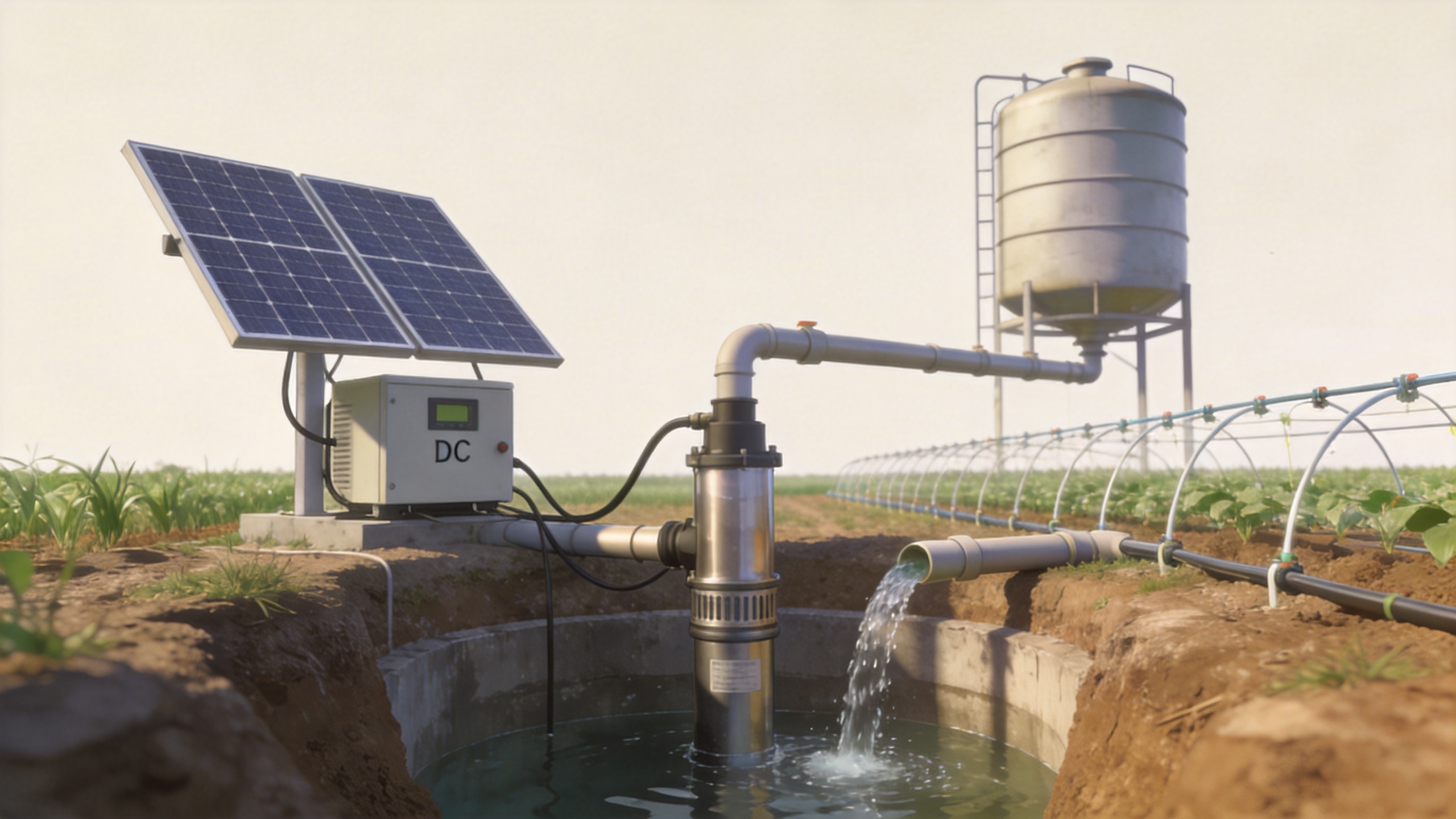Solar-powered submersible DC water pump system for off-grid irrigation