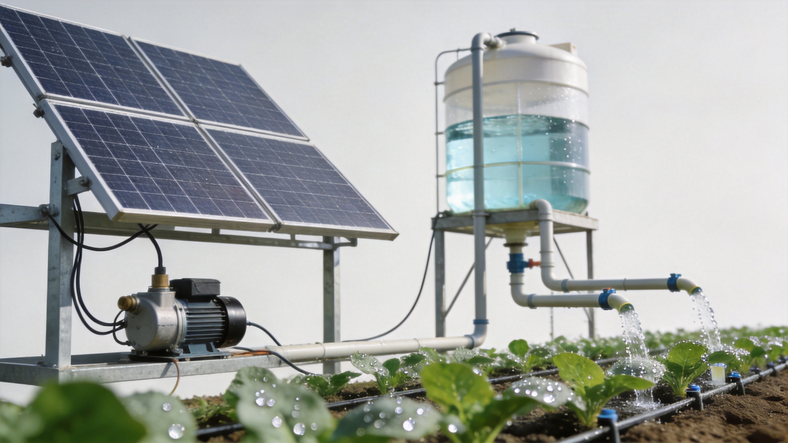 Solar pumps for irrigation moving water to storage and crop rows
