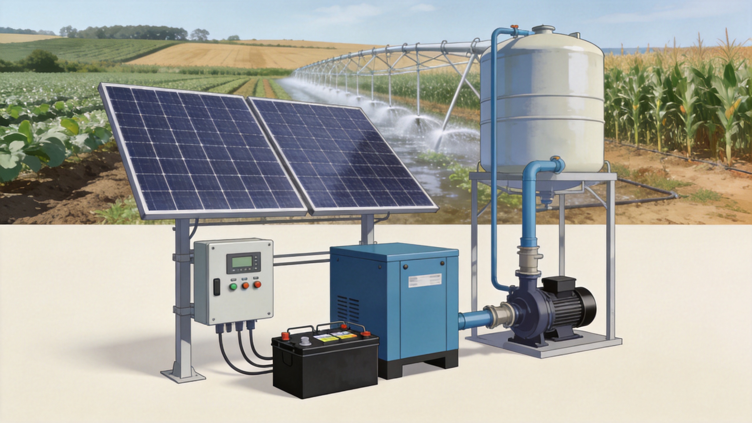 Solar water pump with battery backup, solar panels, and off-grid water storage tank