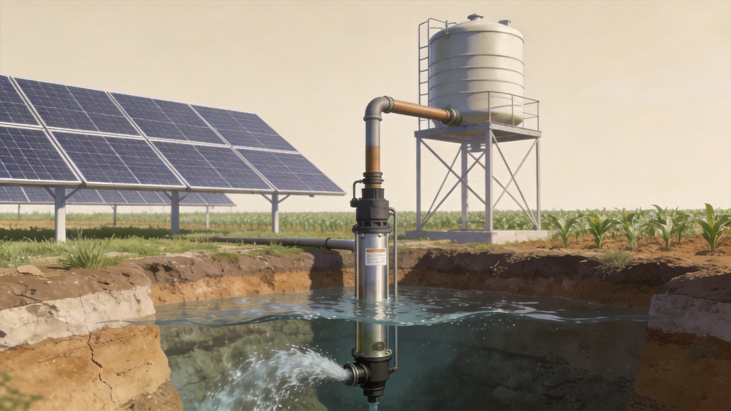 Solar powered borehole pump system showing a deep well, solar panels and an elevated water tank