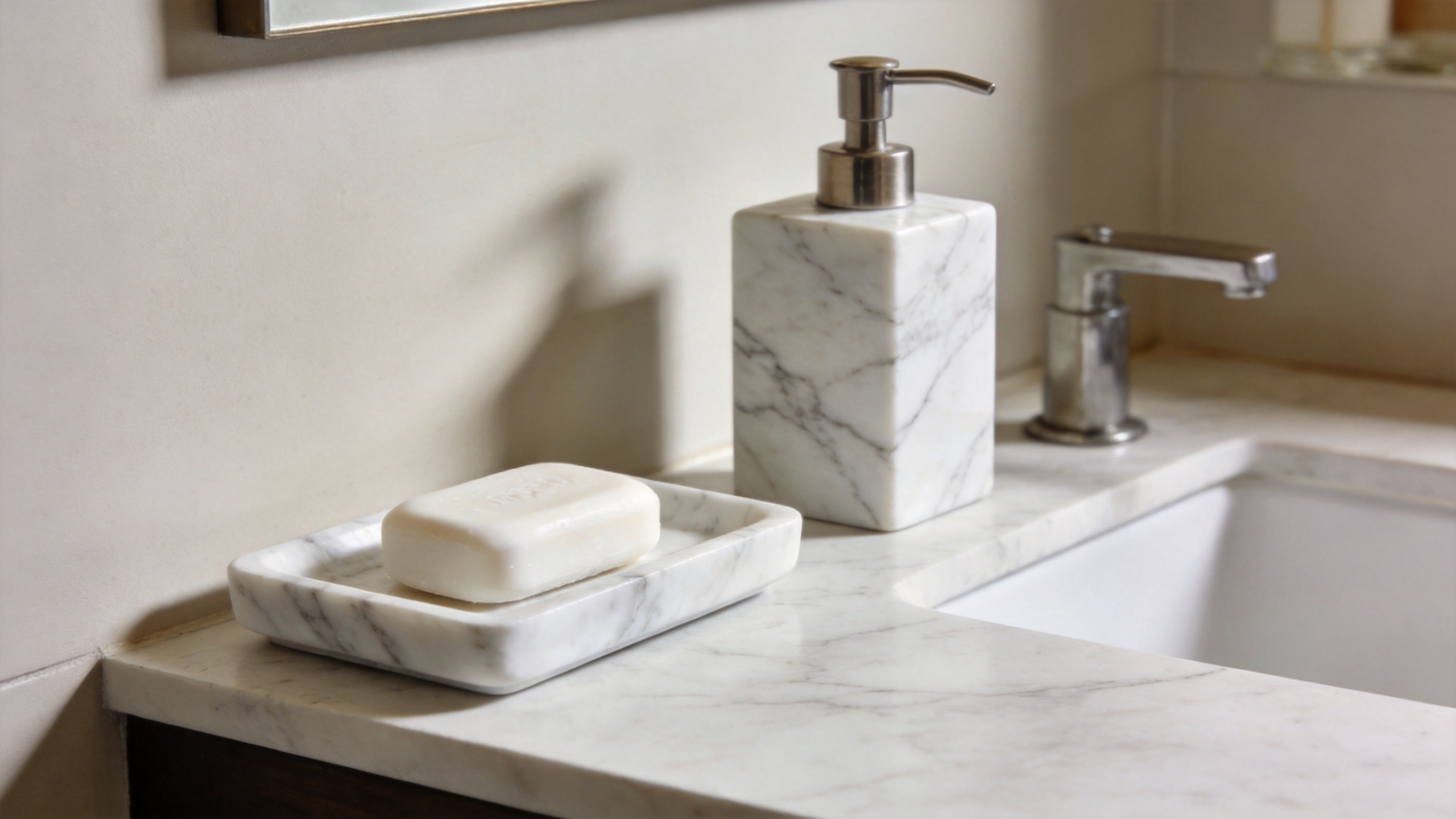 White marble bathroom accessories on a boutique hotel vanity