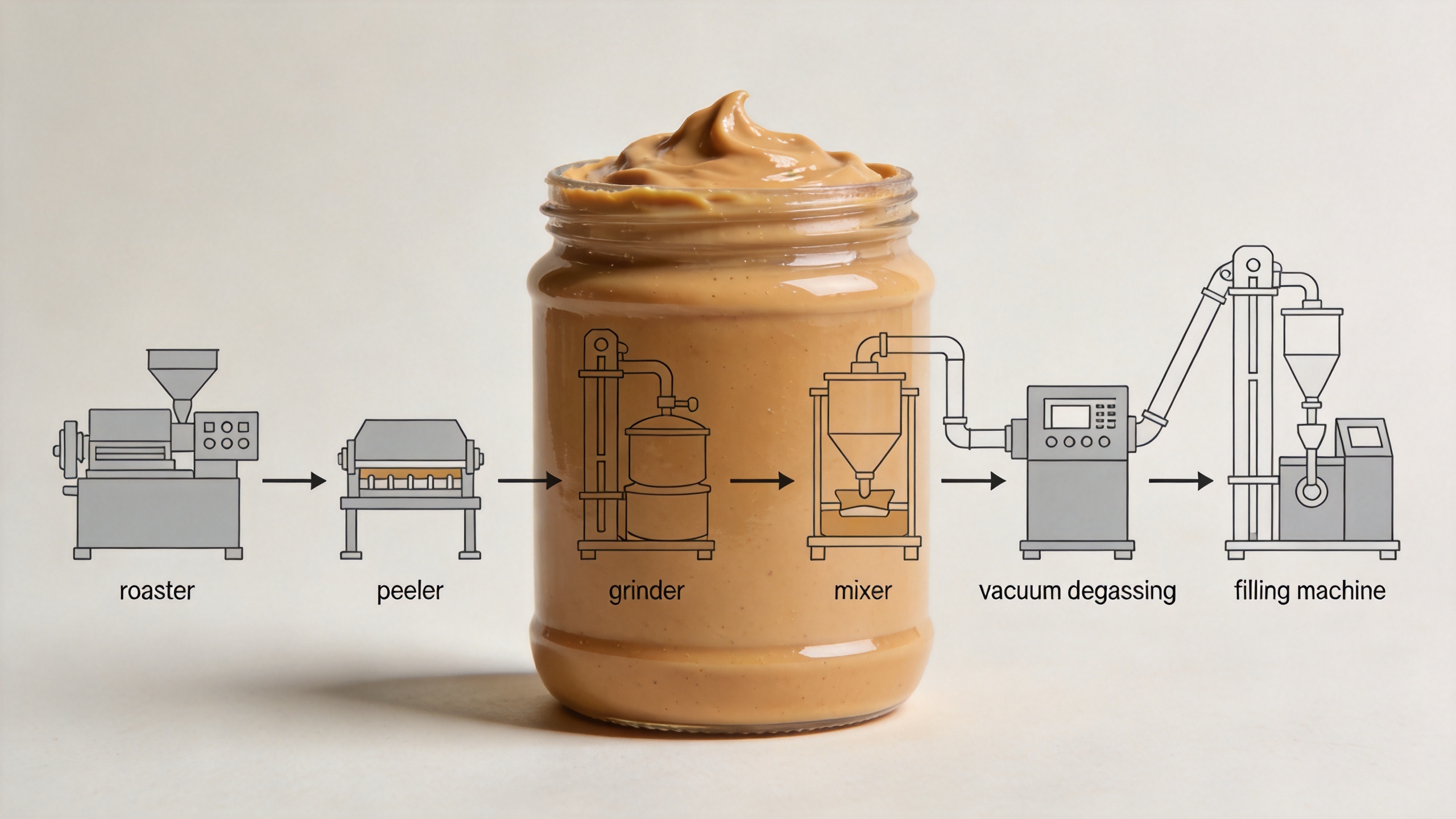 Peanut butter production line key equipment: roaster, peeler, grinder, mixer and filling machine