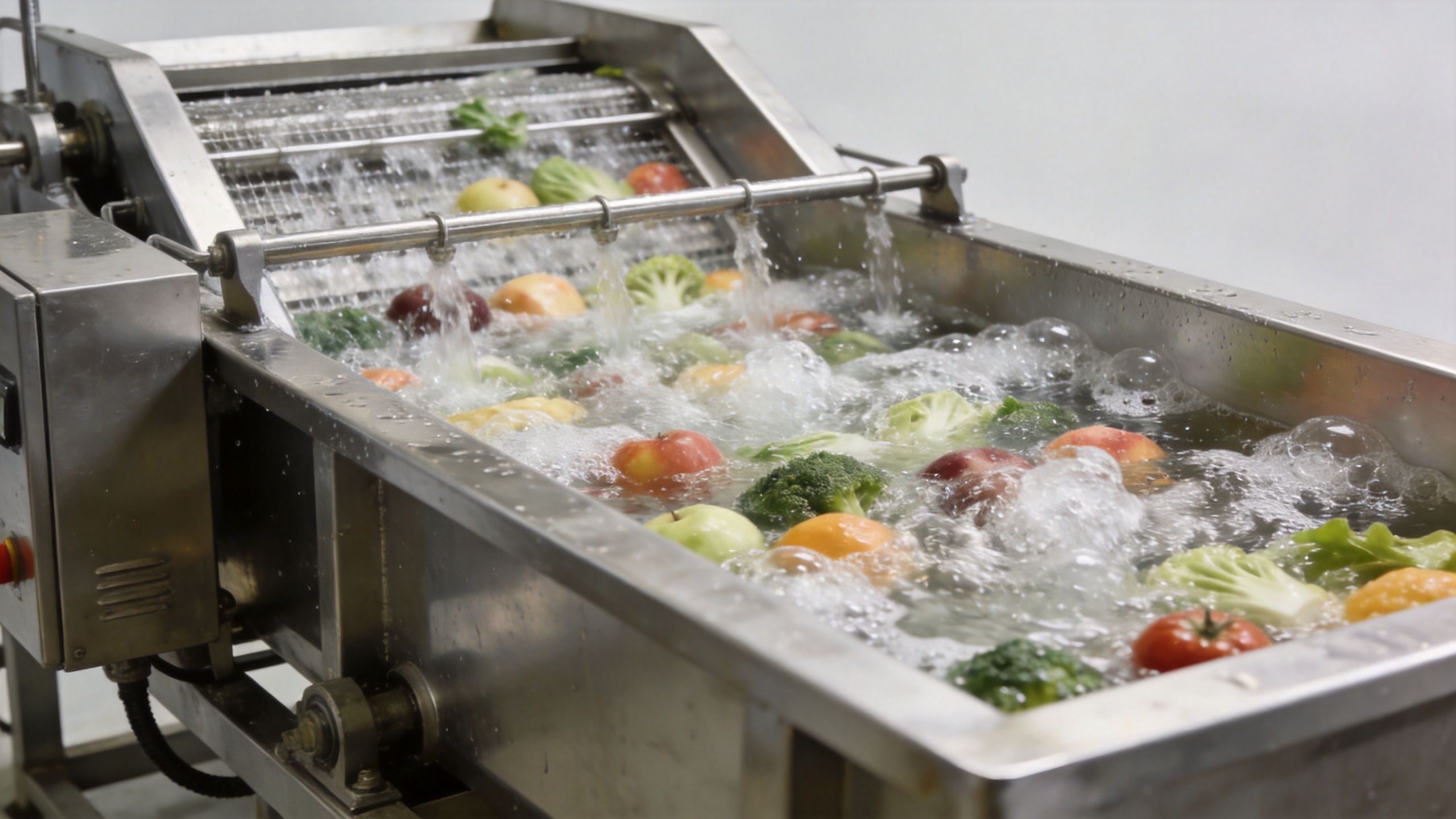 Industrial fruit and vegetable washing machine with bubble agitation in stainless steel tank