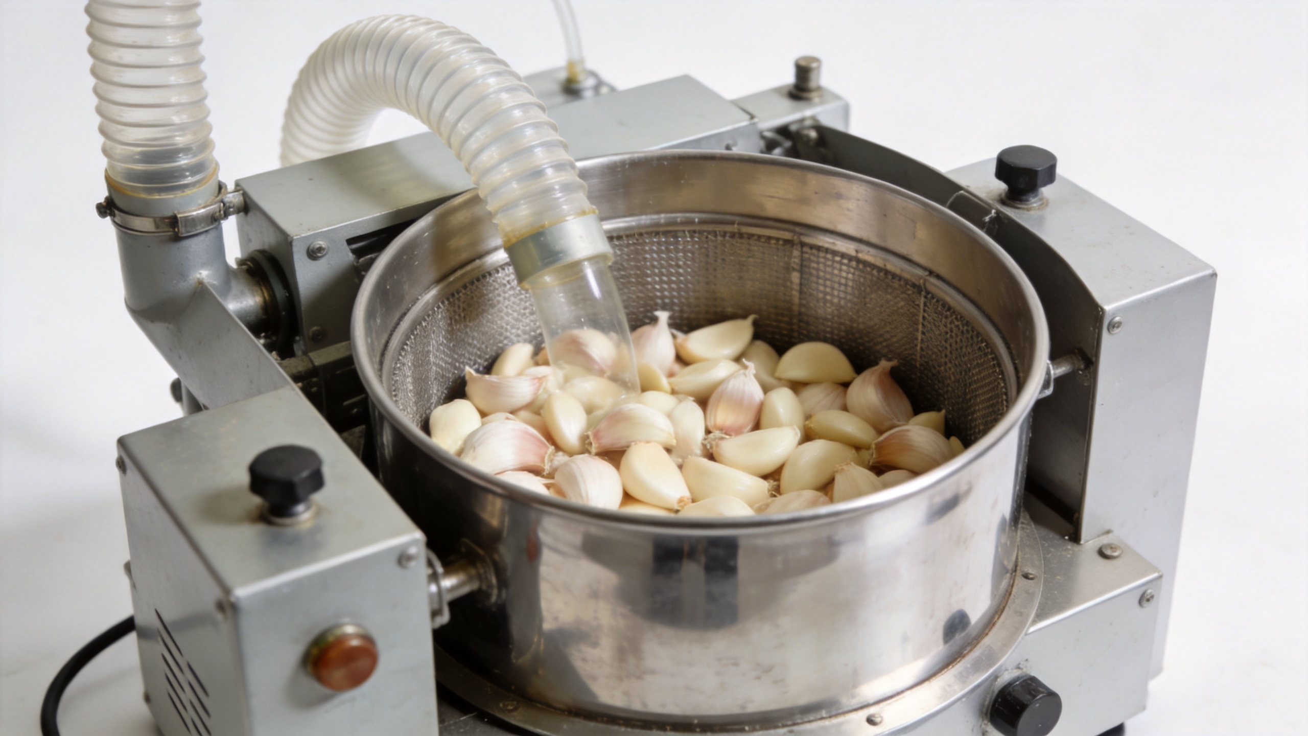 Electric garlic peeler machine with dry pneumatic peeling chamber showing compressed air process