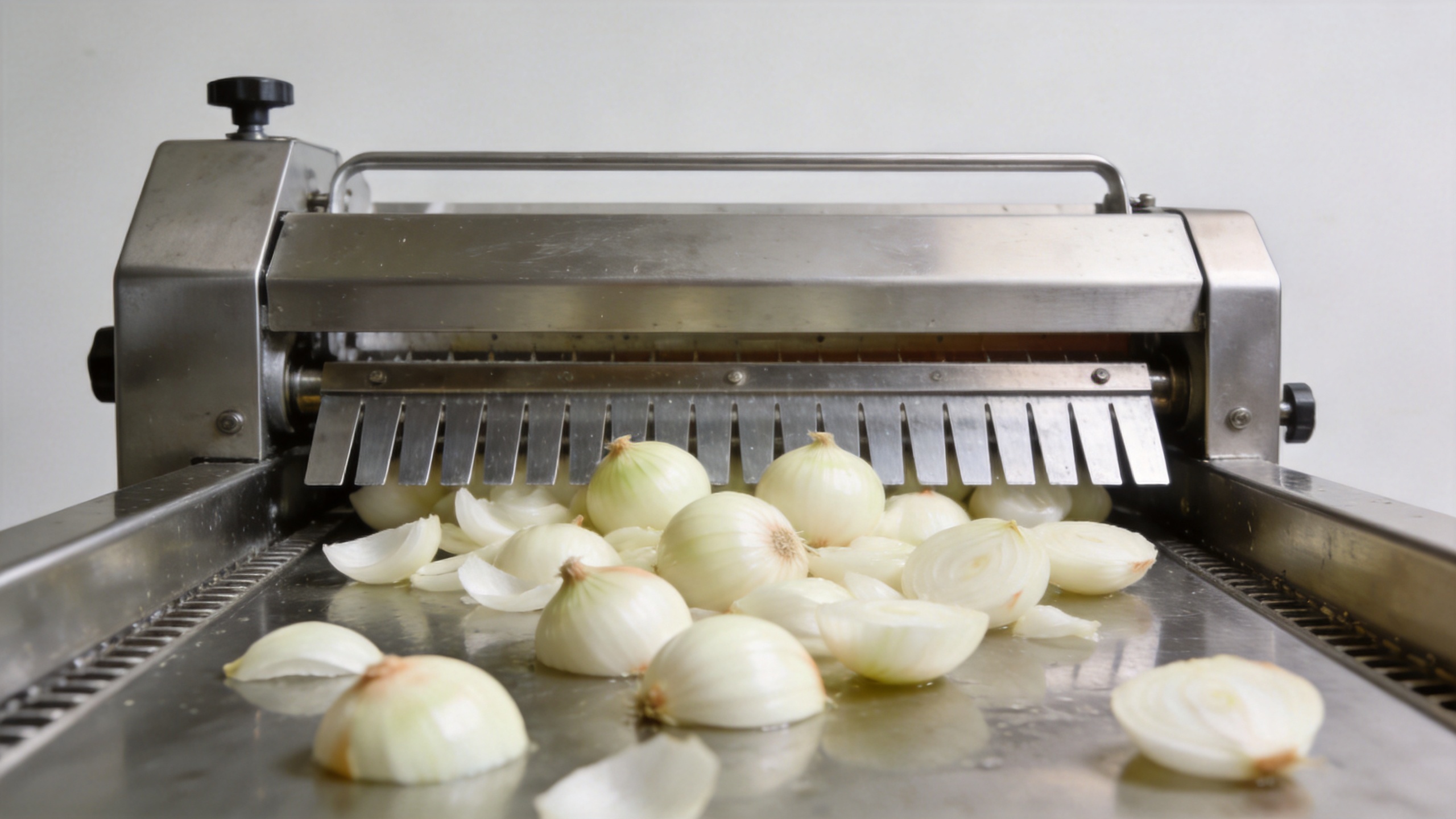 Commercial onion cutter machine on a food processing line