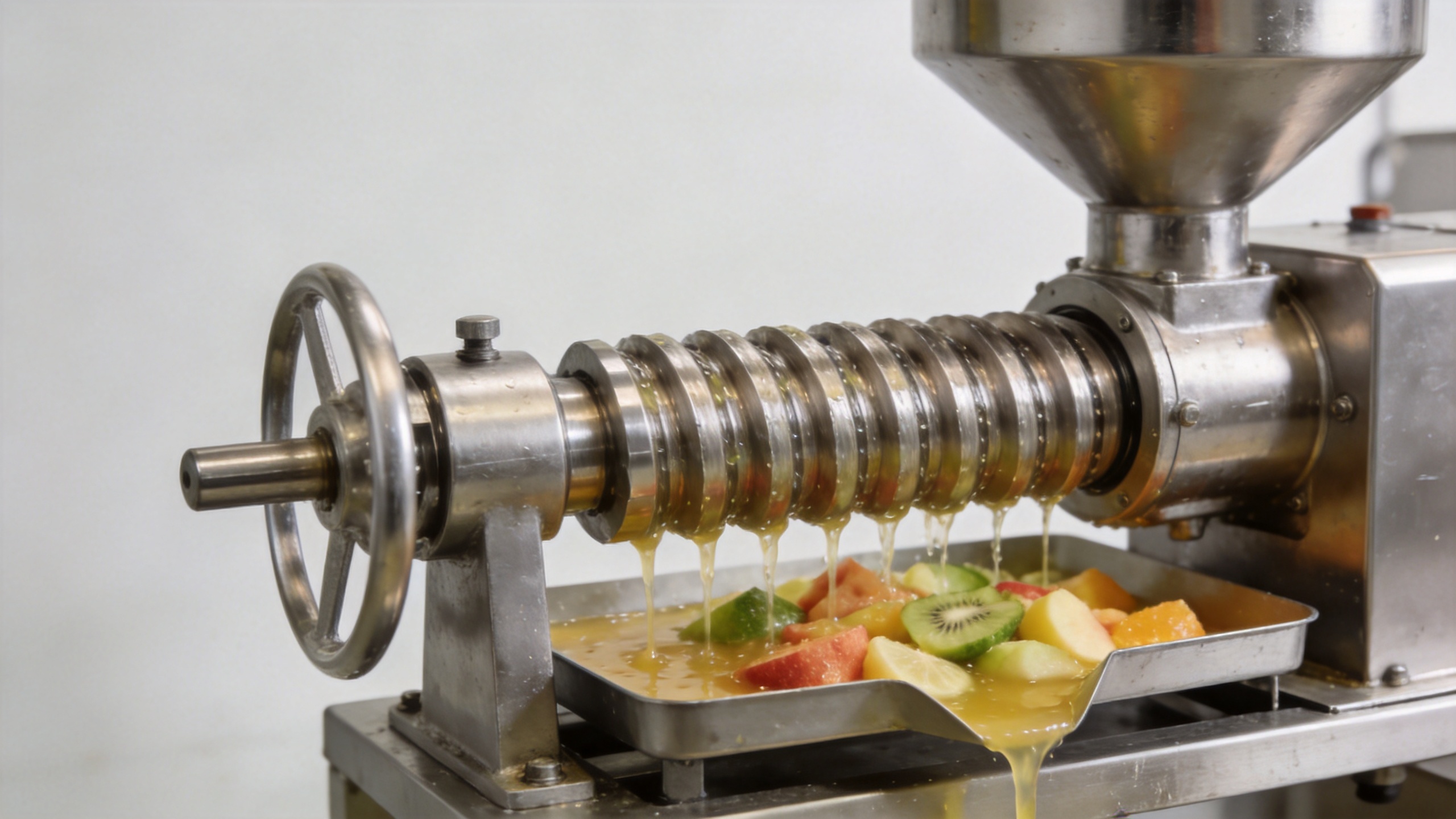Industrial juicer machine screw press in a fruit-processing line