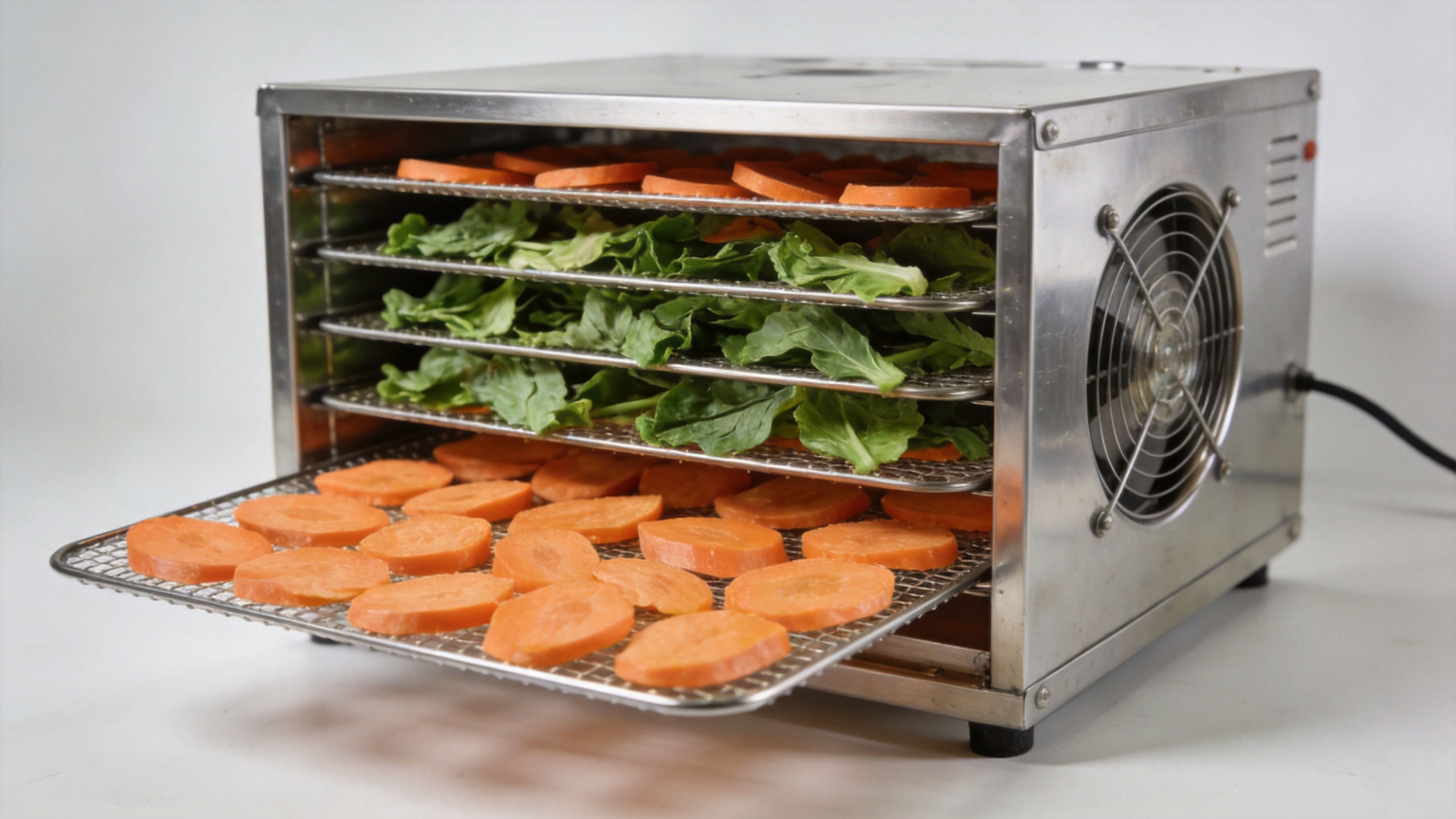Vegetable dryer machine processing sliced vegetables in a commercial food facility