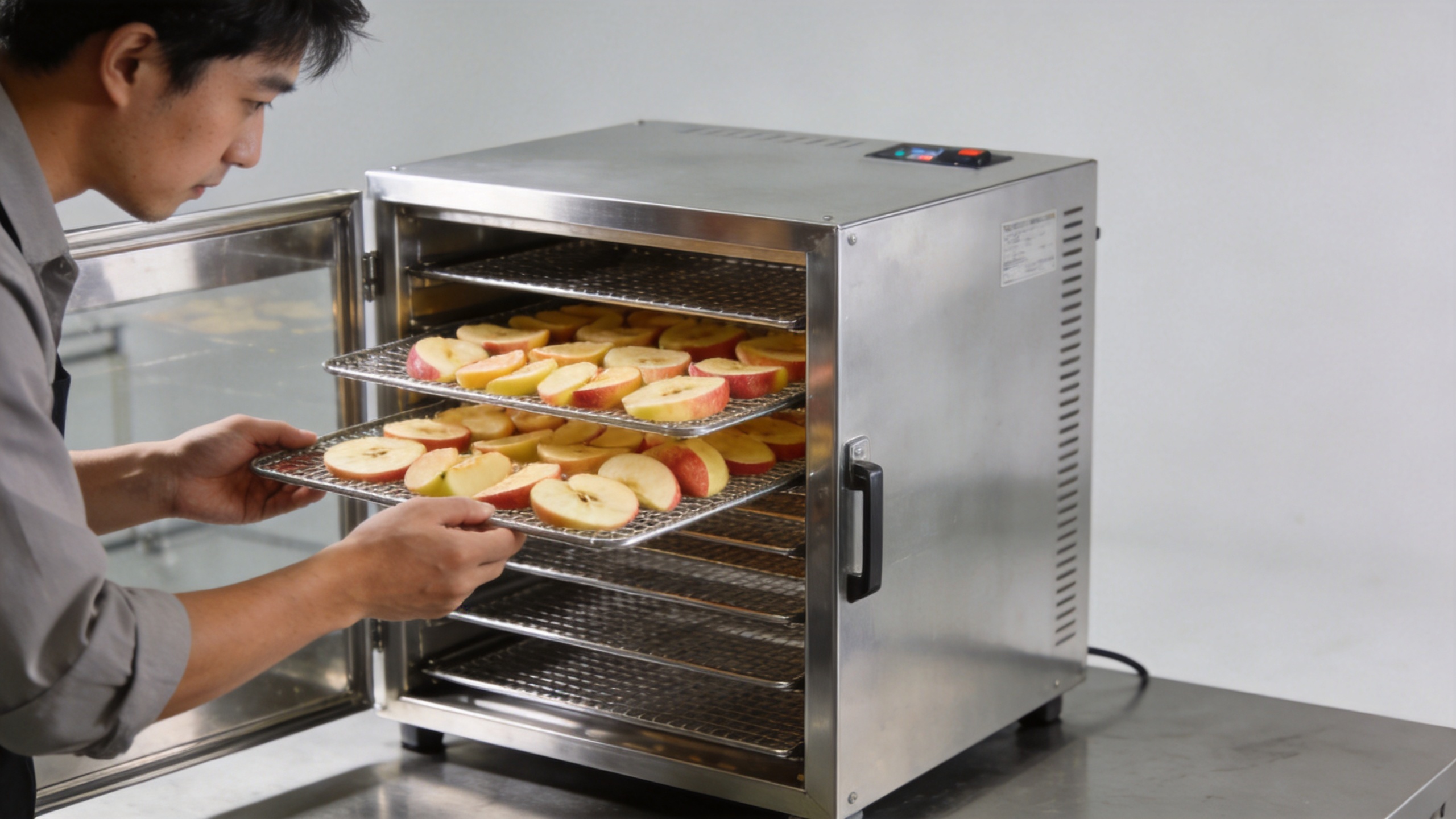 Commercial food dehydrator machine with trays arranged for airflow