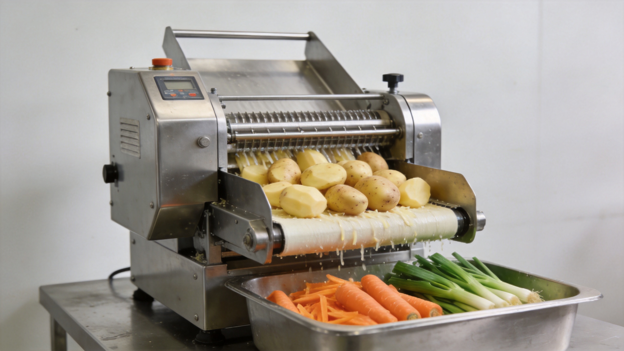 Commercial vegetable electric cutter in a food preparation workspace