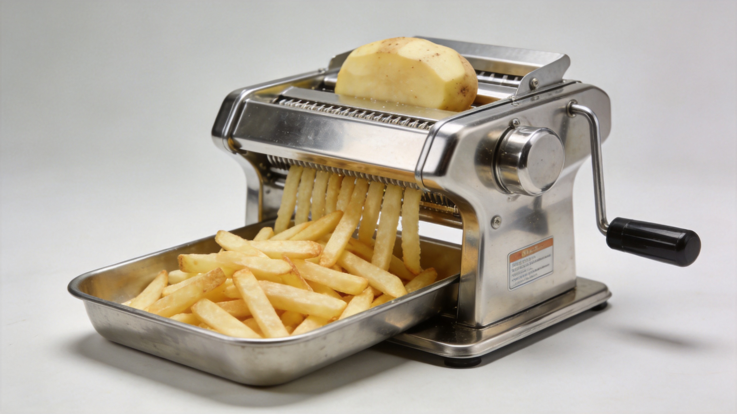 Commercial potato cutter machine preparing uniform fries