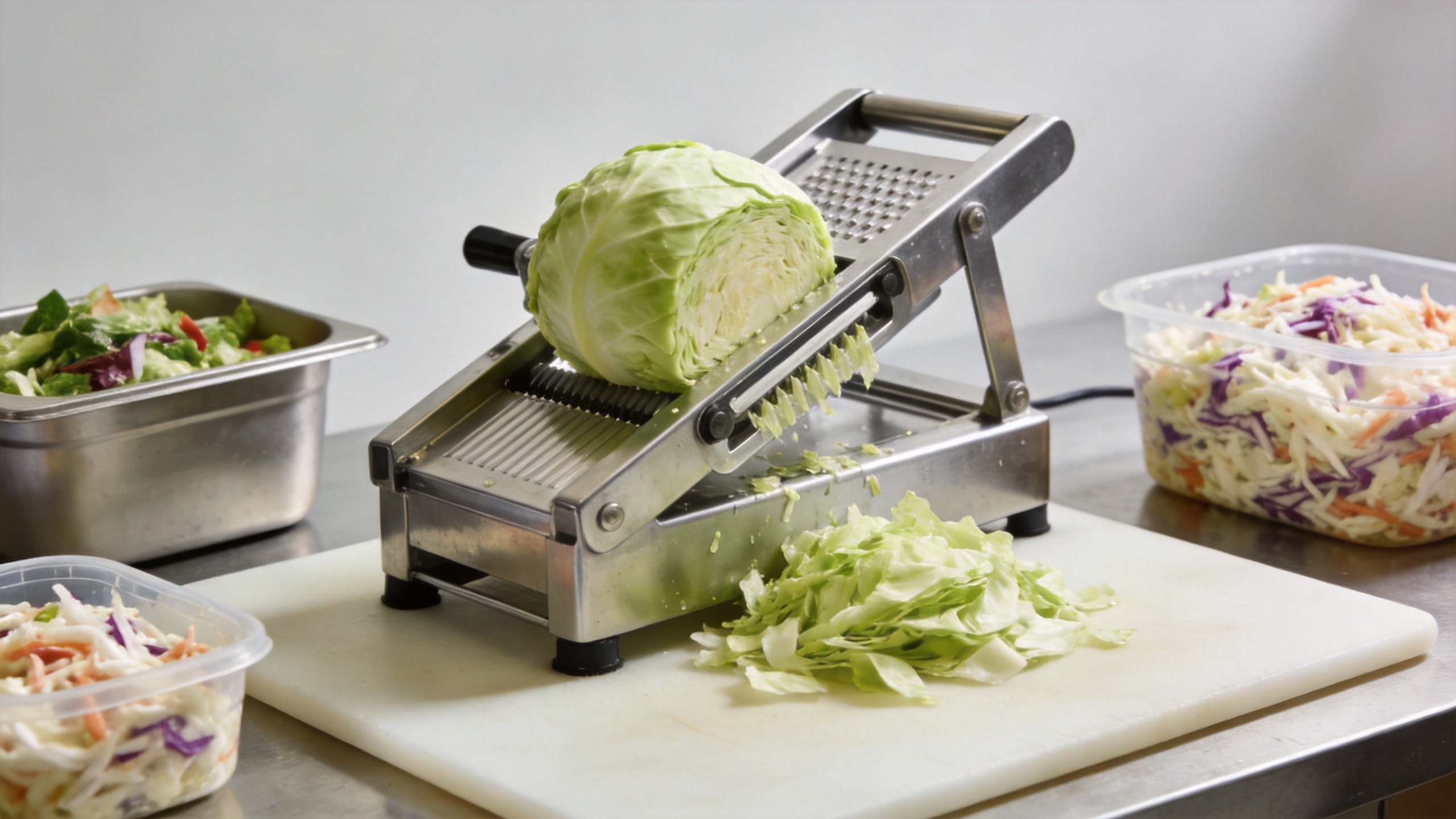 Commercial cabbage cutter machine in a salad preparation workflow
