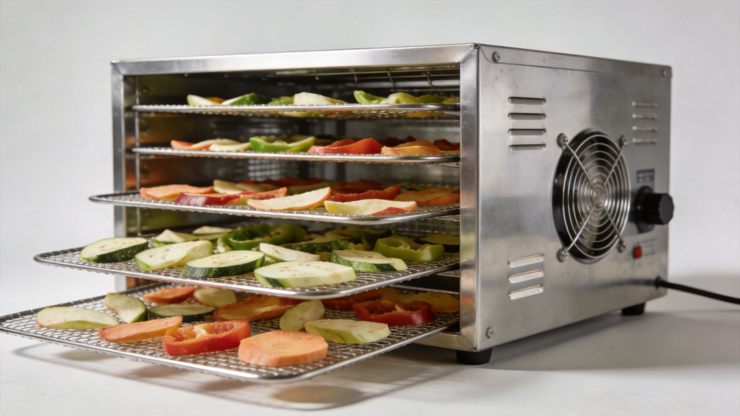 Industrial dehydration machine for vegetables with trays of prepared produce