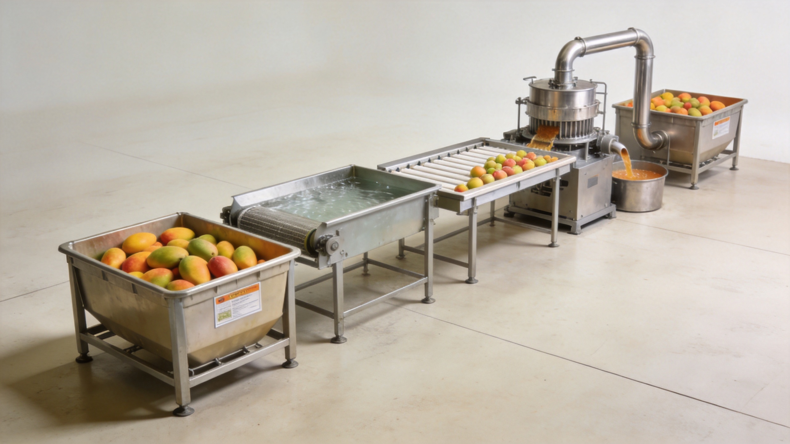 Mango pulper line layout showing fruit receiving, washing, pulping and pulp transfer
