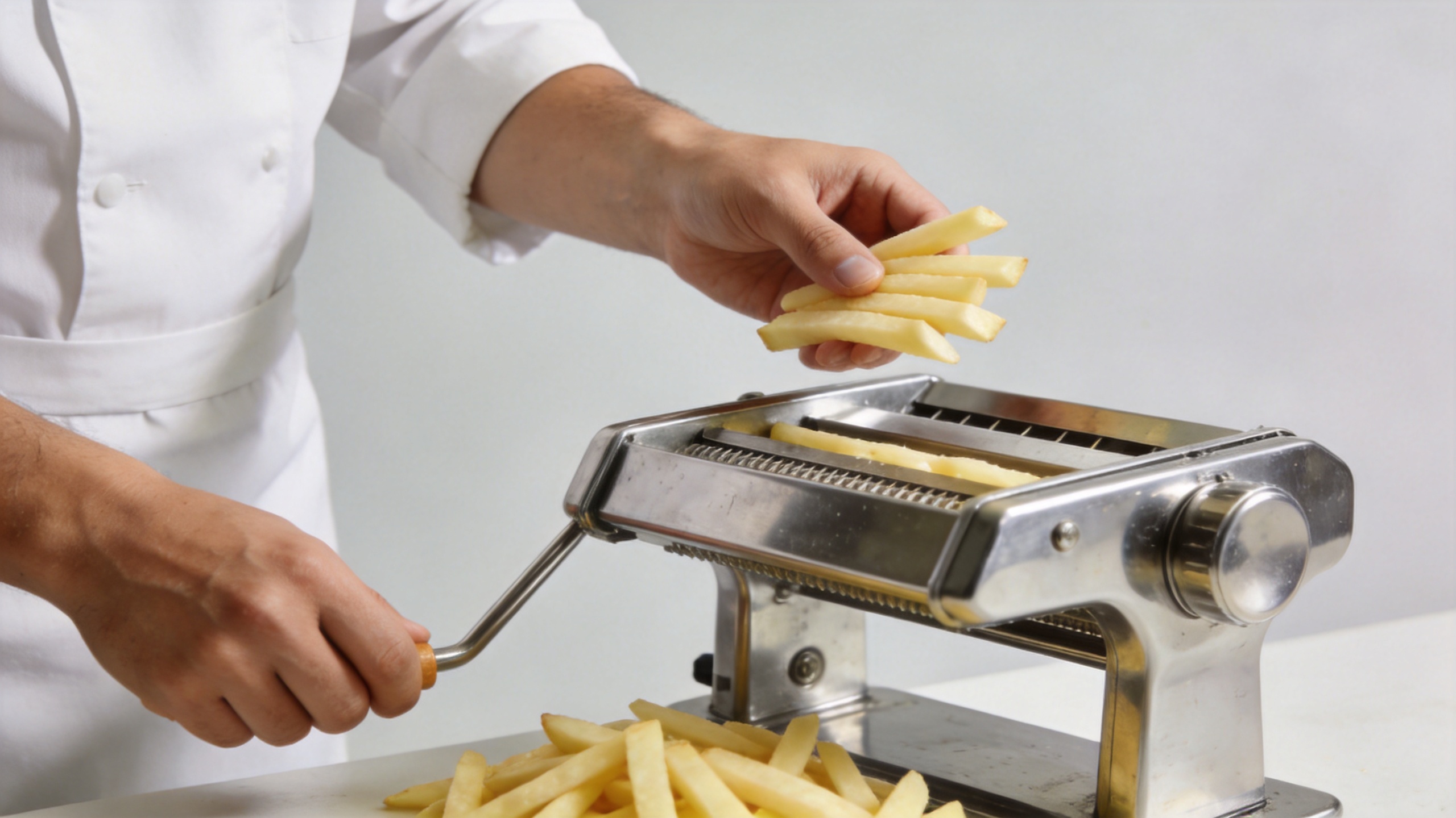 Commercial french fry cutter machine used to inspect uniform potato strips